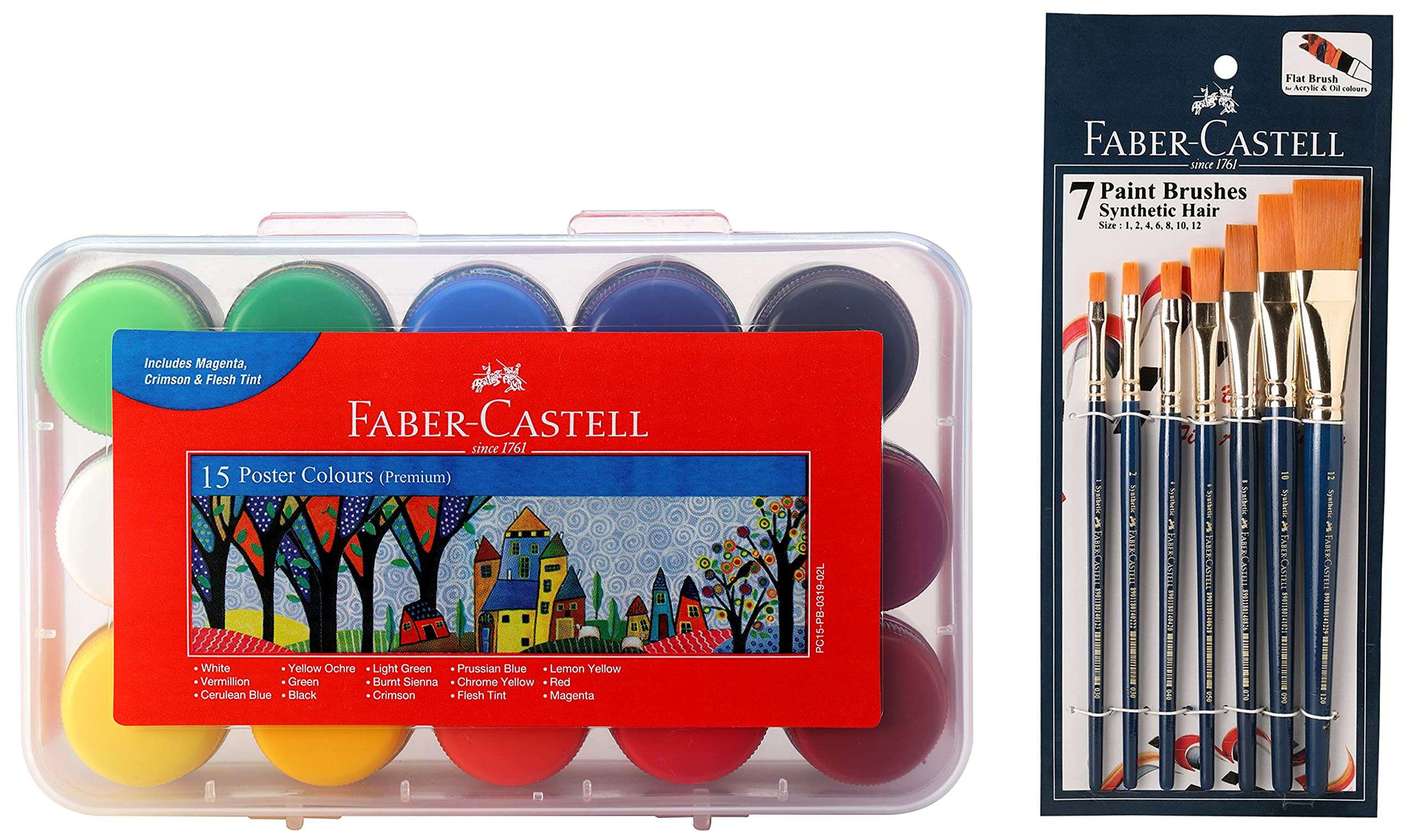 Faber-Castell Poster Color Plastic Box - Pack of 15 (Assorted) Paint Brush Set - Flat, Pack of 7 (Navy Blue) 1