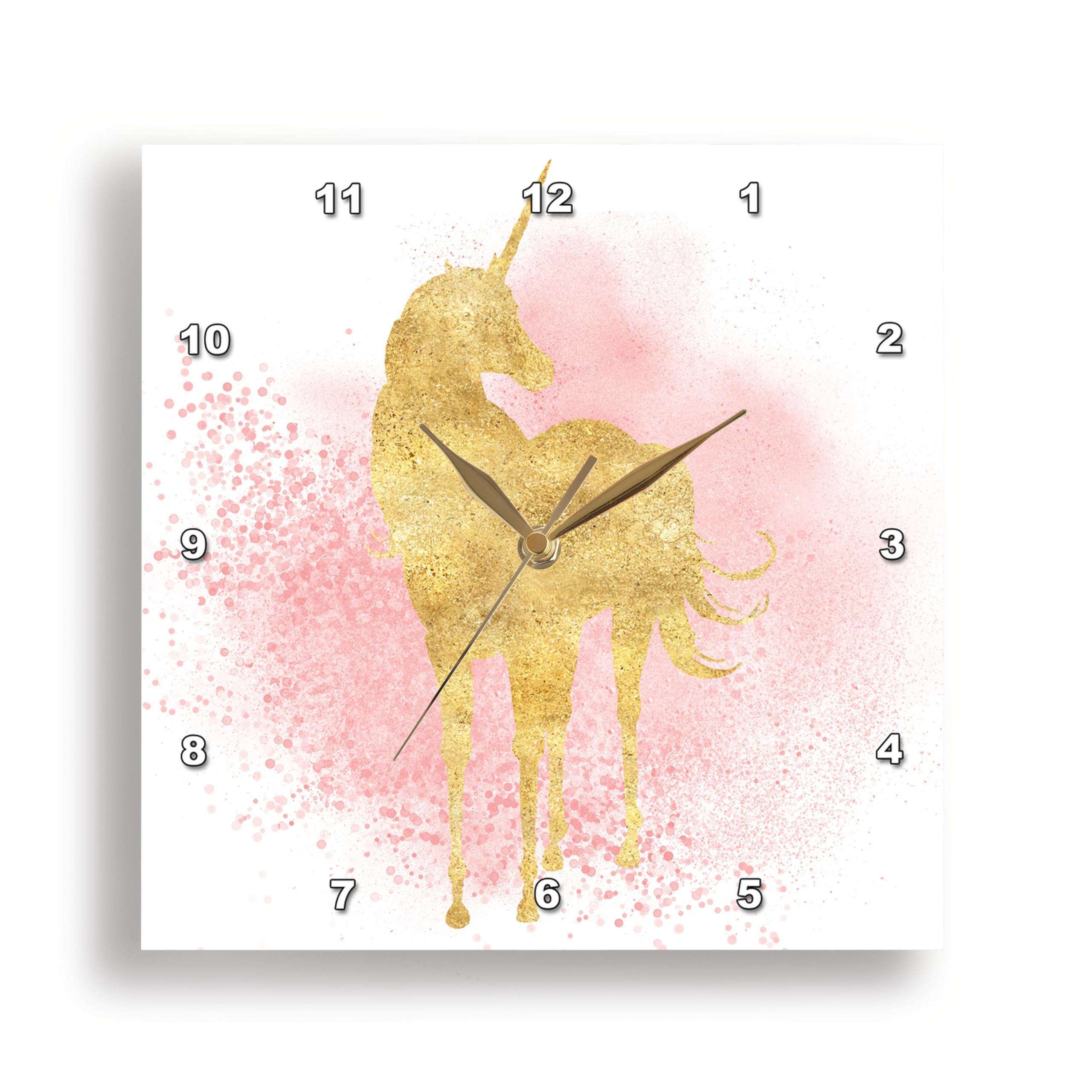 3dRose Wall Clock Silent - 10 inch - Image of Blush Pink Sparkle Confetti Gold Unicorn - PS Animals 1
