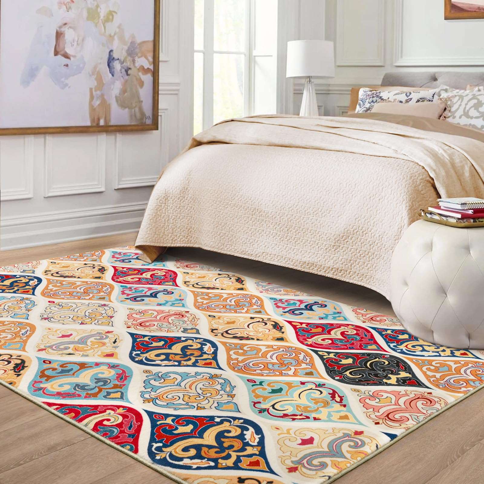 Ompaa 2'6''x8' Runner Rug for Hallway Kitchen, Long Washable Boho Rug Runner for Hallways Non Slip, Moroccan Trellis Vintage Carpet for Entryway Indoor Bedroom Bathroom Laundry, Grey/Multi 2