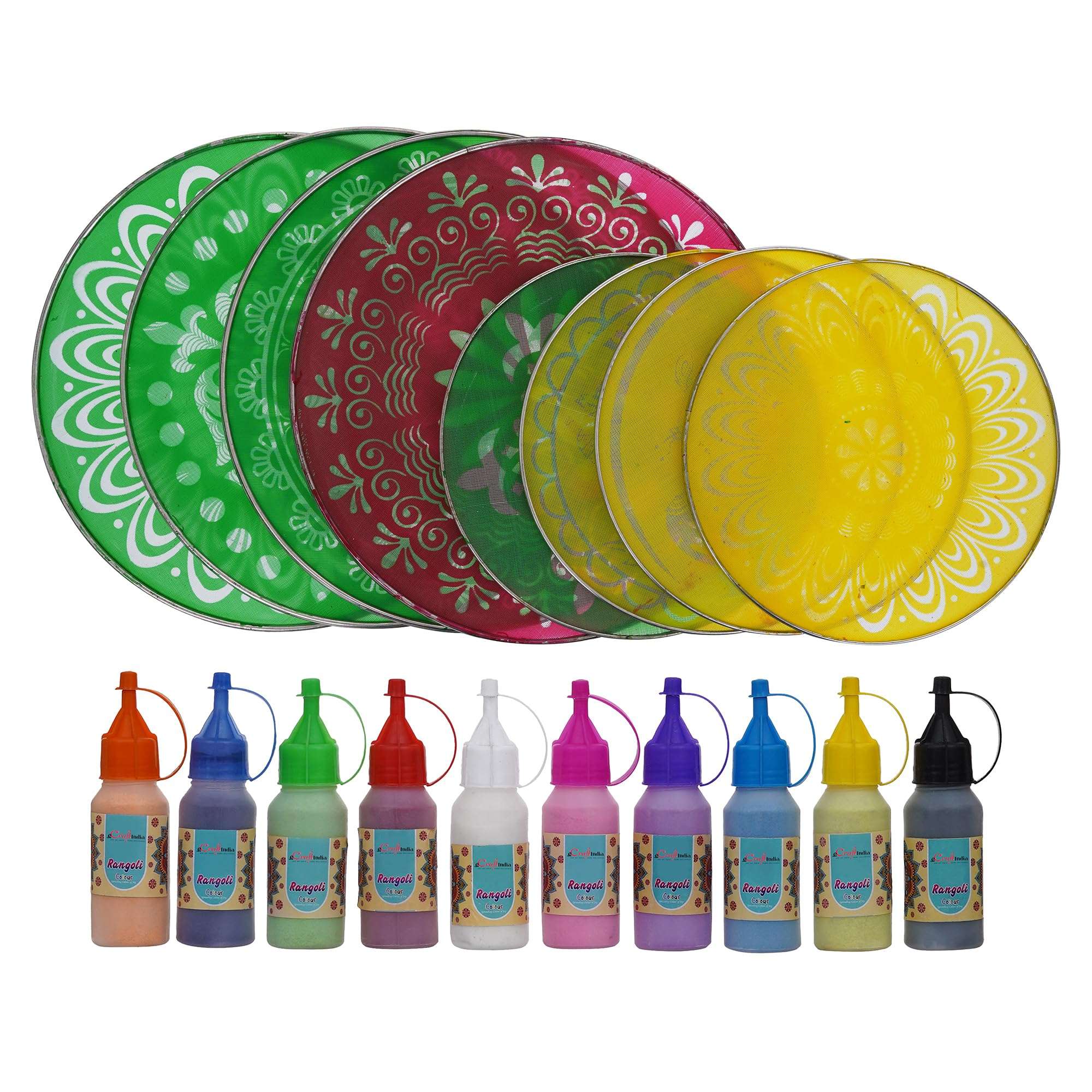 eCraftIndia Set of 8 Designer Diwali Rangoli Stencils Set- Stencils For Rangoli Design-4 Big Size 4 Small Size Stencils|10 Rangoli Colours Bottles-Rangoli Bottles Diwali Decoration Item for Home Decor 4