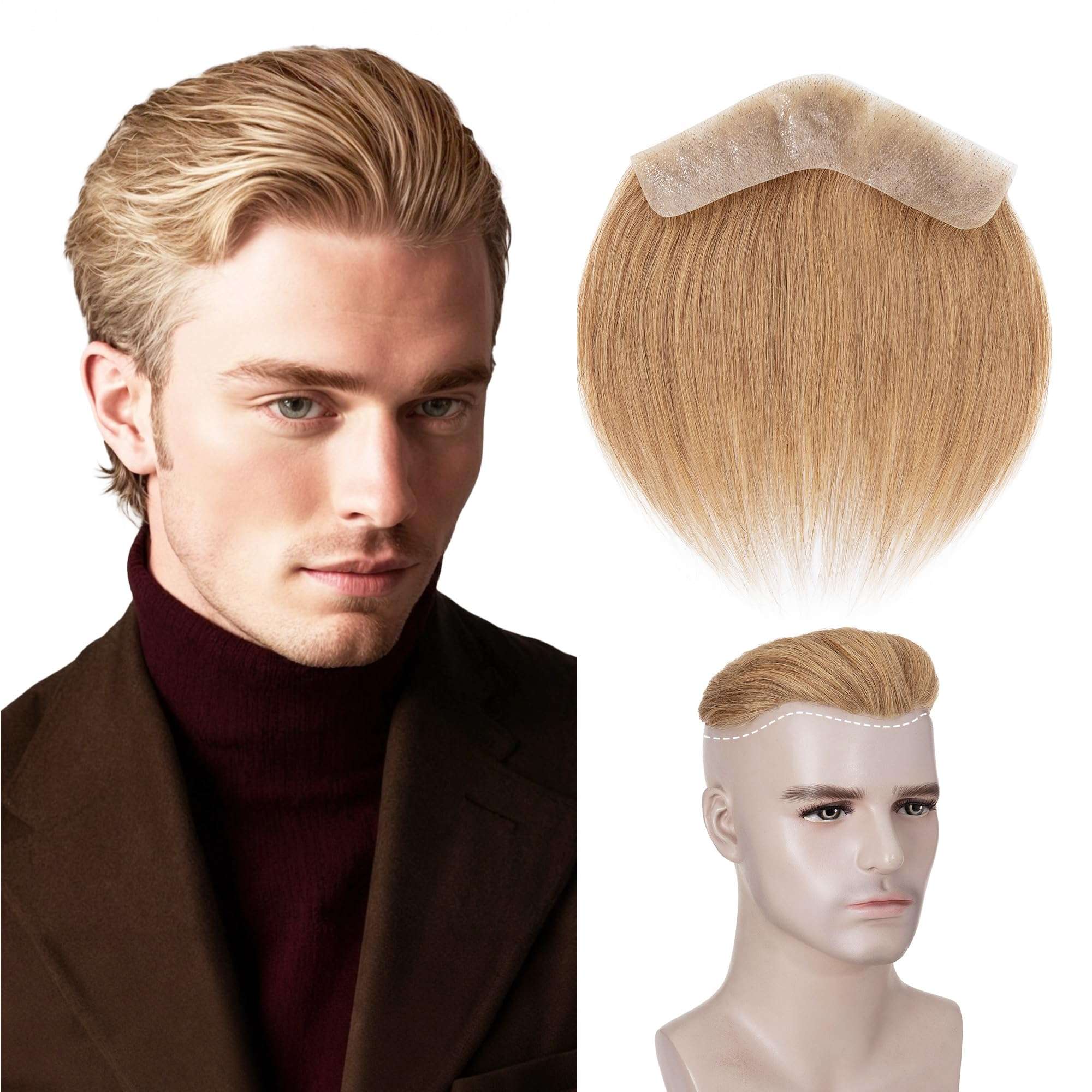 SEGO Men's Hairline Toupee 100% Human Hair Forehead Hairpiece V-Shape 1.57"x7" PU Thin Skin Base Natural Hairline Replacement（Hair:6" Long-#27 Dark Blonde 1