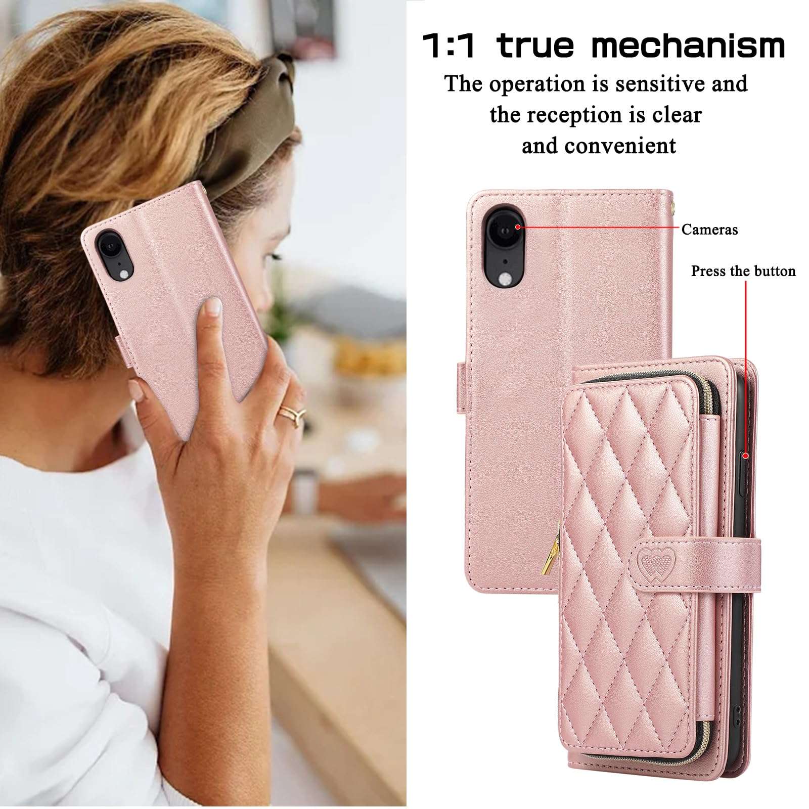 Furiet Argyle Wallet Case for iPhone XR 6.1 with Wrist Strap Shoulder Strap Card Slot Zipper Purse PU Leather Stand Phone Cover for iPhoneXR iPhone10R i Phonex 10XR 10R RX CR iPhoneXRcases Rose Gold 6