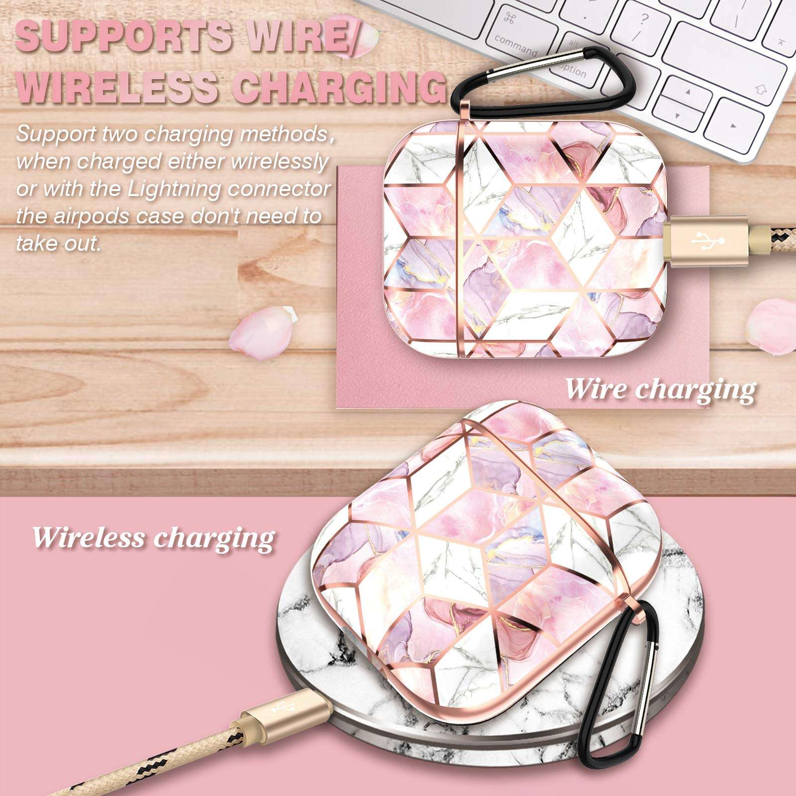 Hasaky Case for AirPods Case Cover, Girls/Woman/Men/Boys Portable (with Keychain) Cute Rose Gold Marble Series Hard Shockproof Anti-Scratch Protective Case for Apple AirPods 1st/2nd -Pink Marble. 6