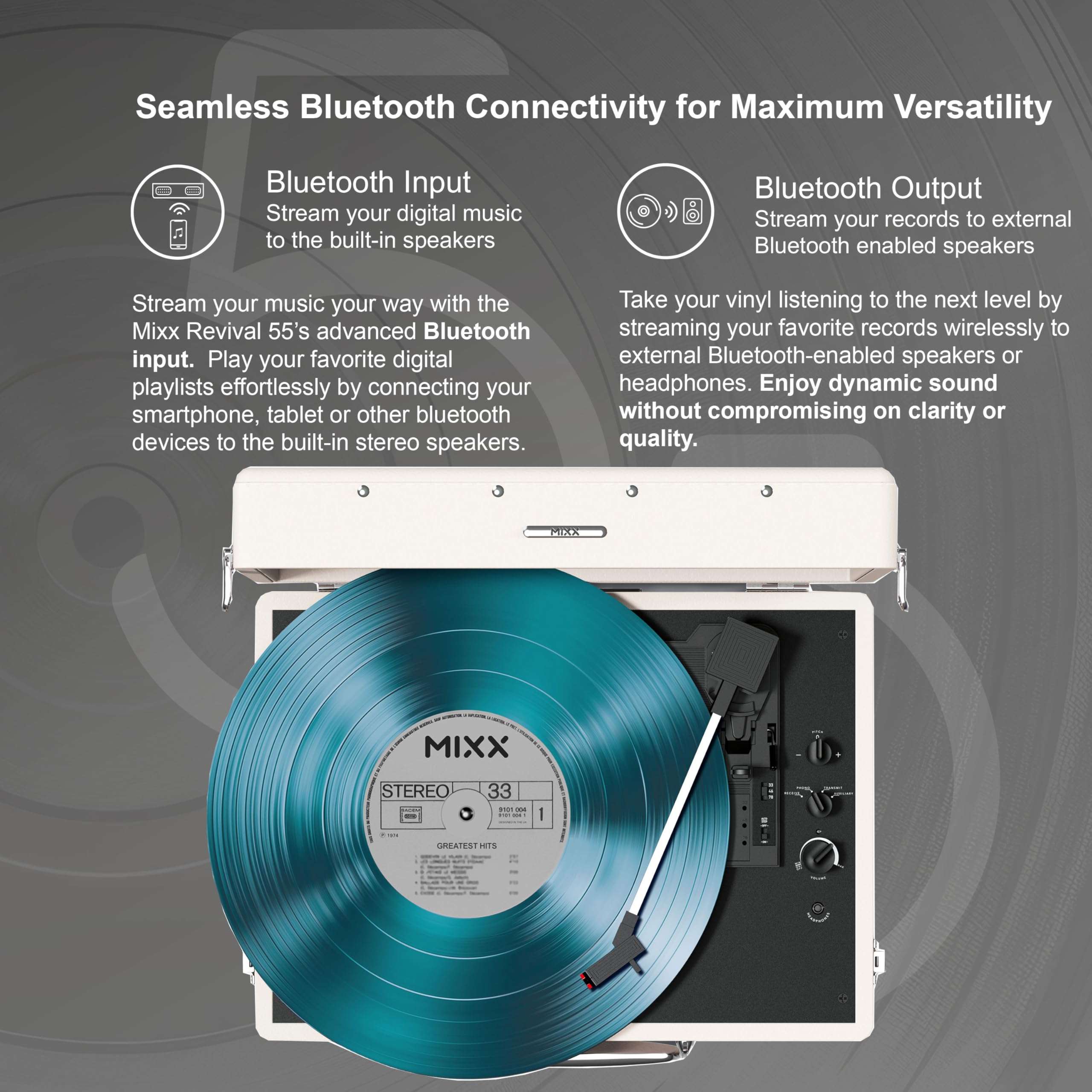 Mixx Revival 55 Portable Suitcase Vinyl Record Player with Built-in Stereo Speakers, Bluetooth Input & Output, 33 1/3 & 45 RPM Speeds with Adapter, Retro Style, AC Adapter 4
