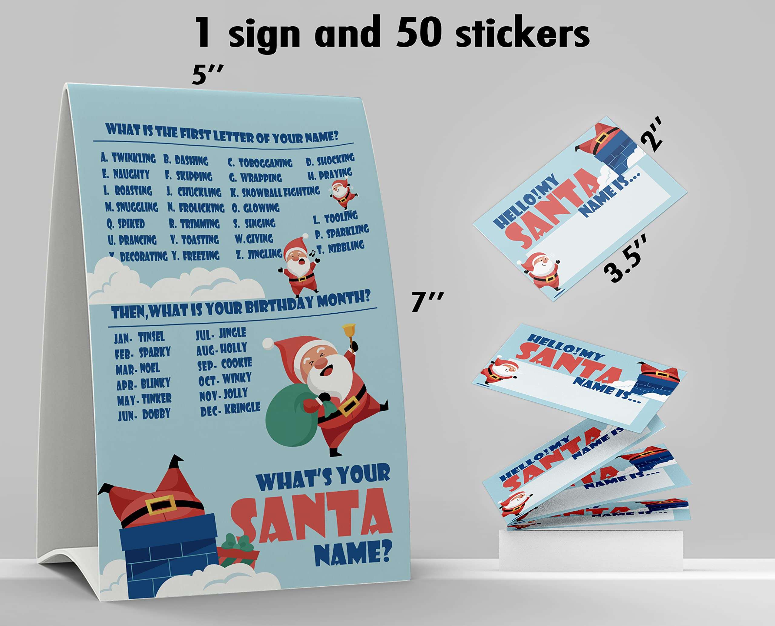 What's Your Santa Name Game, 1 Santa Theme Sign and 50 Name Tag Stickers, Christmas Party Games, Birthday Game for Kids and Adult Parties, Activity Game for Office or Class | JRKP055L 3