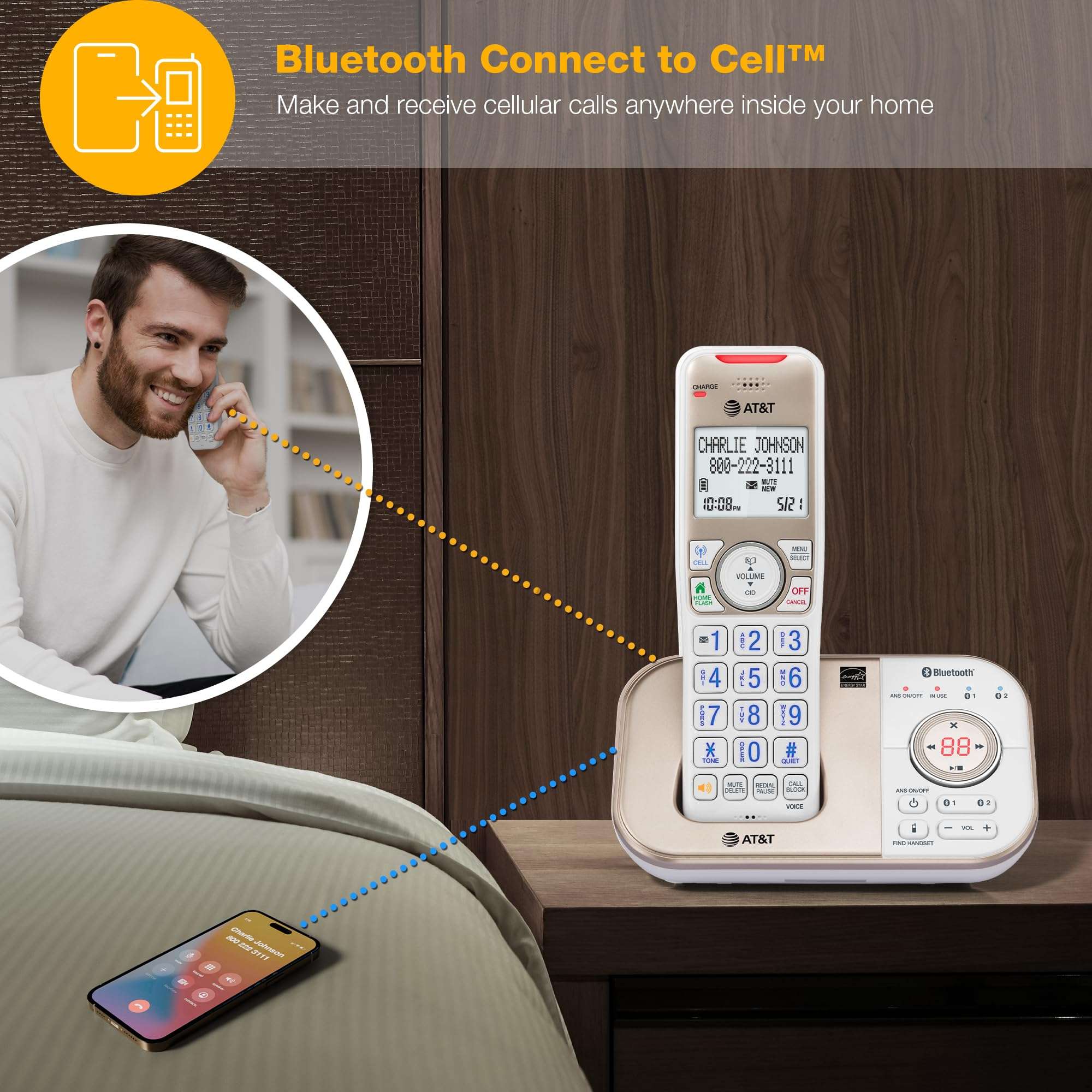 AT&T 2-Handset DECT 6.0 Bluetooth Expandable Cordless Phone for Home with Answering Machine, Smart Call Blocking, Caller ID, Intercom and Bluetooth Connect to Cell: BL3112-2 (Champagne Gold/White) 5