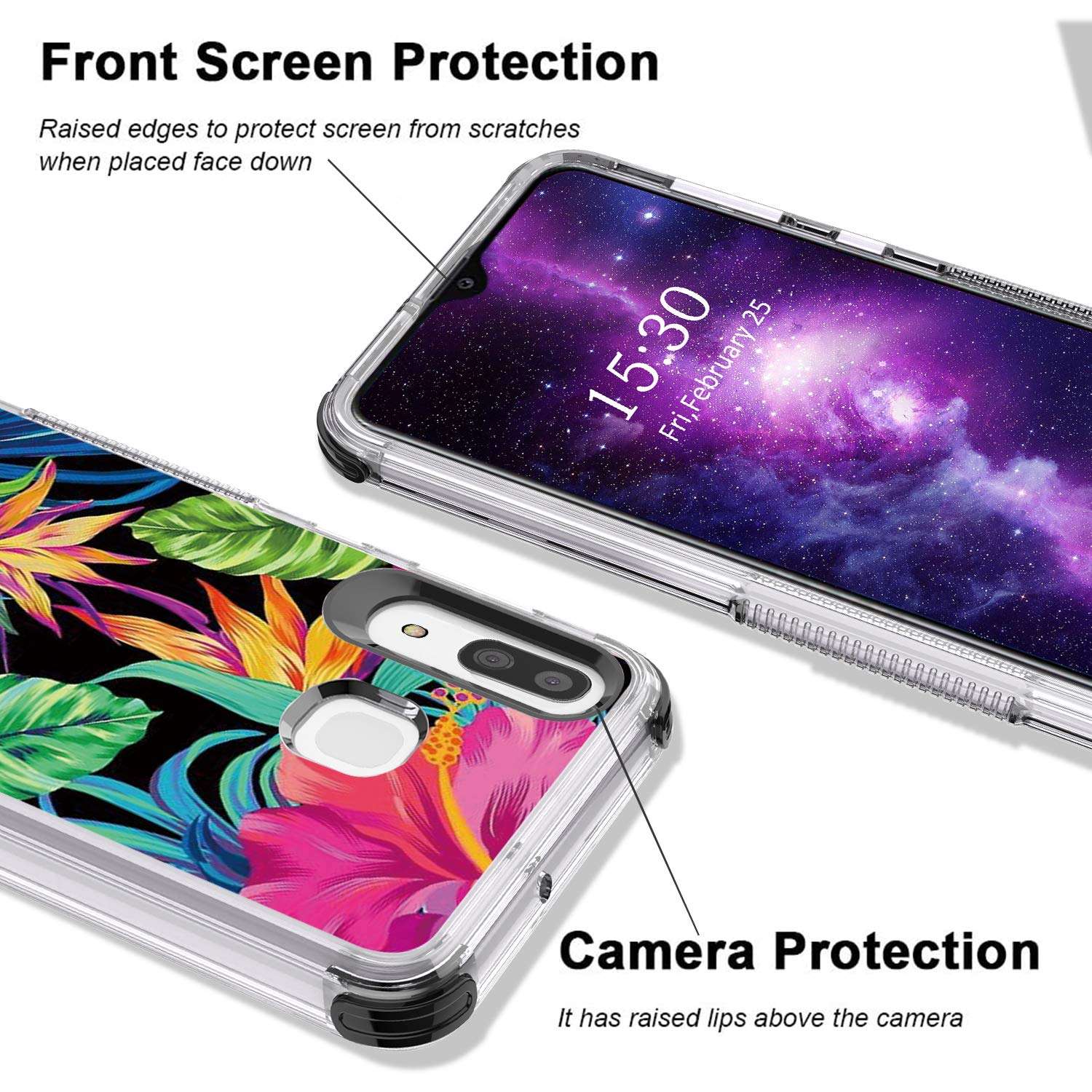 Savino for Samsung Galaxy A20, A30 A50 Phone Case, Lightweight Case with Galaxy A20, Galaxy A50 Tempered Glass Screen Protector Full Cover with Heavy Duty Corners Protection (Floral Black) 3