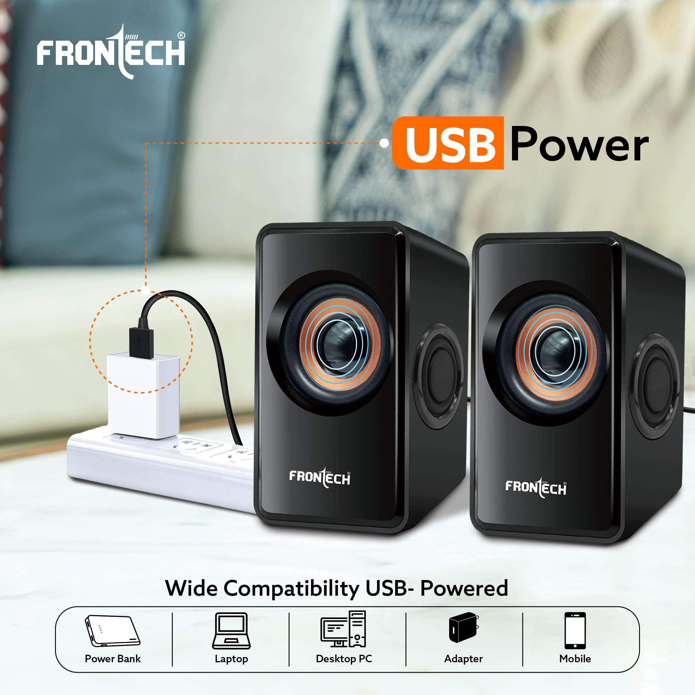 FRONTECH 2.0 USB Powered Multimedia Speakers | 2 x 2.5W Drivers (5 cm) | 3.5mm Jack Connectivity | for Laptop, PC, TV, Mobile | 1 Year Warranty (SPK-0001, Black) 3