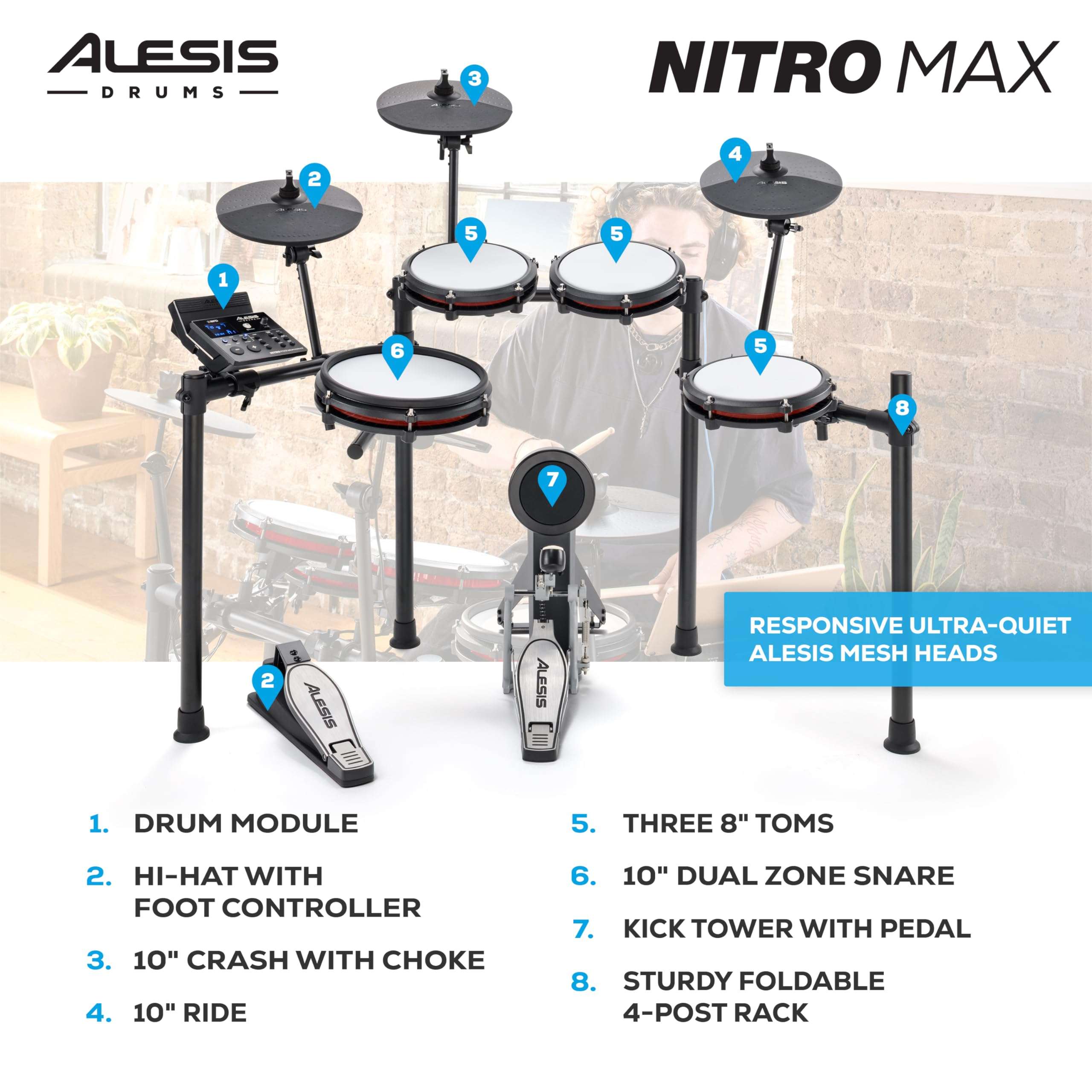 Alesis Nitro Max Kit 10 Piece Electric Drum Set with Quiet Mesh Pads, 10" Dual Zone Snare, Bluetooth, 440+ Sounds, Drumeo, Drum Throne and Headphones 5
