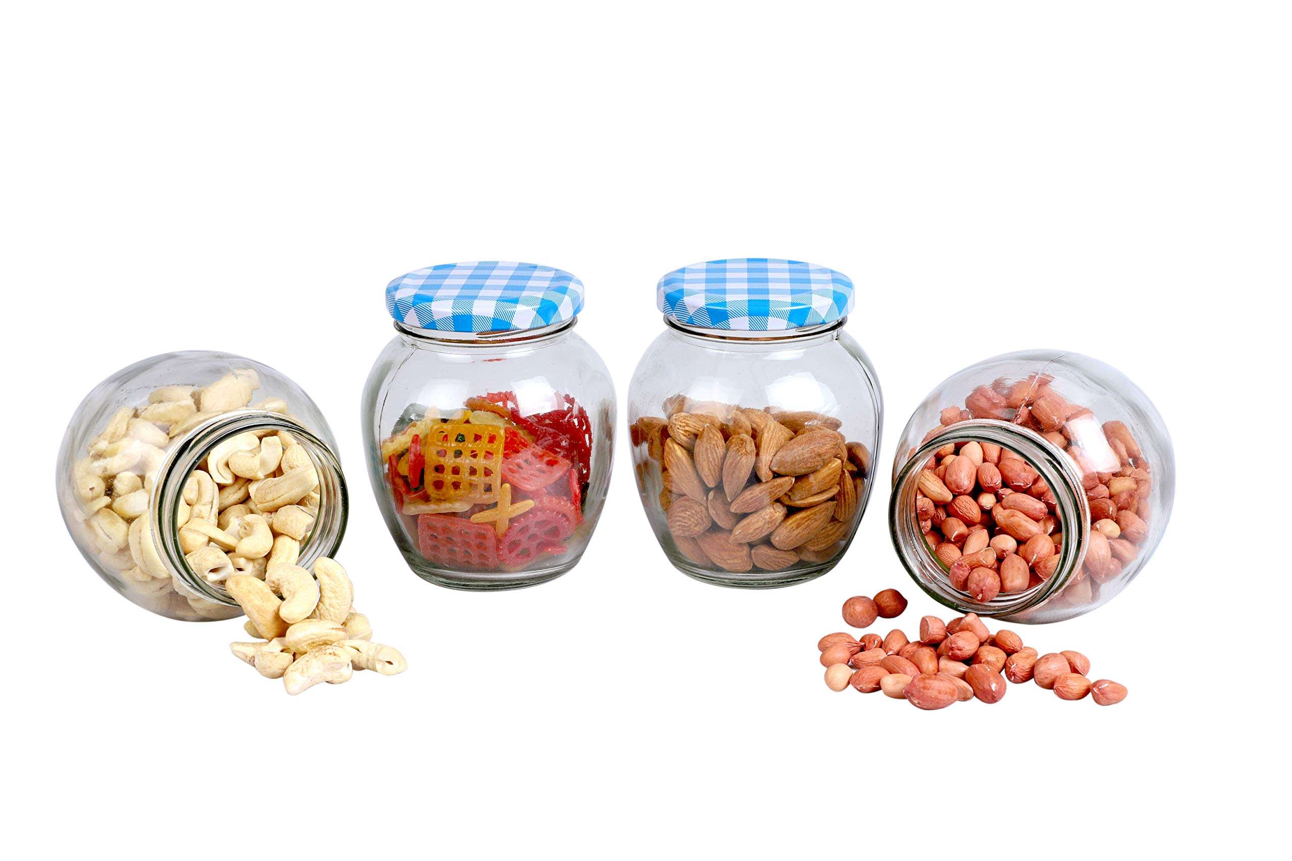 Glass Jars and Containers of Various Jars Shape with Air Tight Lid(Blue Checks lid) (350 ml) (4) 1