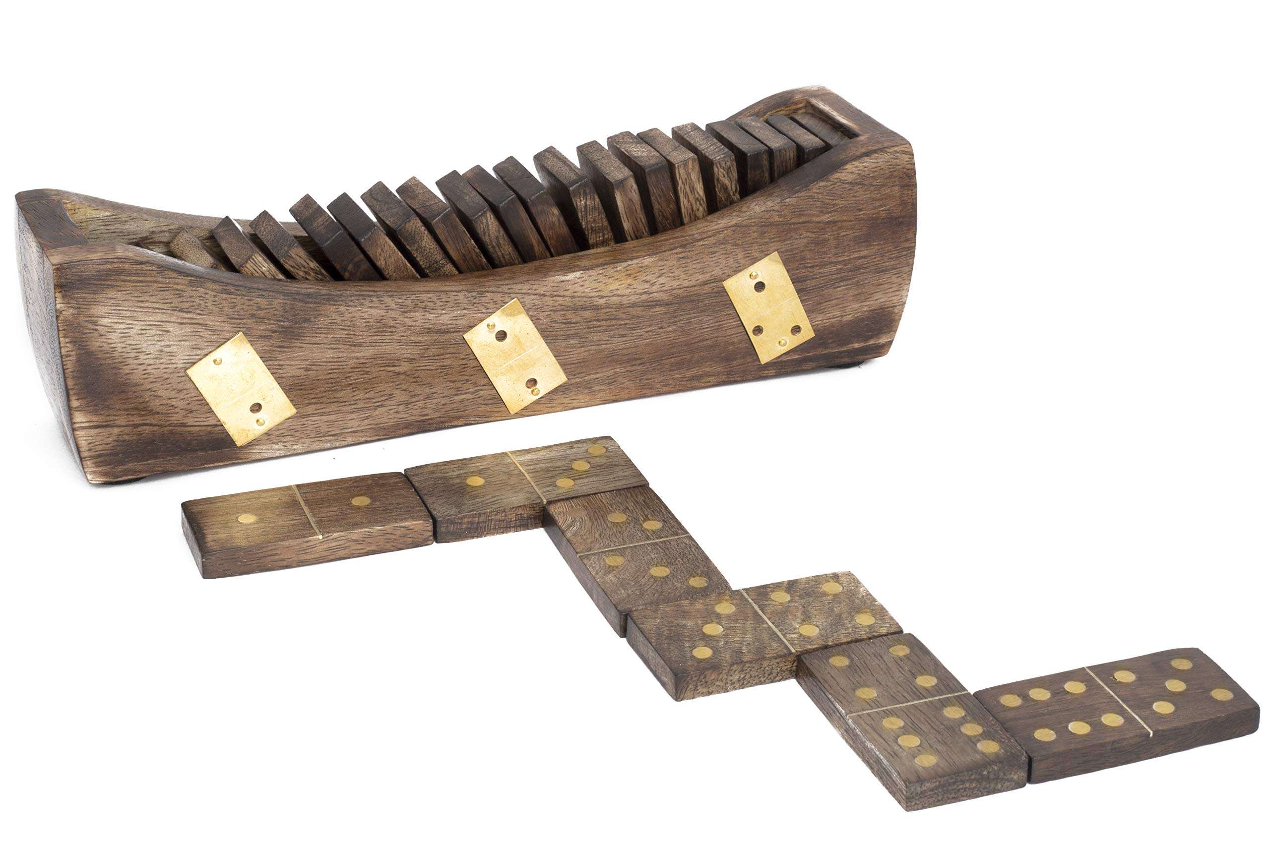 GoCraft Wooden Dominoes Set with Brass Inlaid Tray | Double Six Professional Size Dominoes Set with Decorative Wooden Storage Box 3