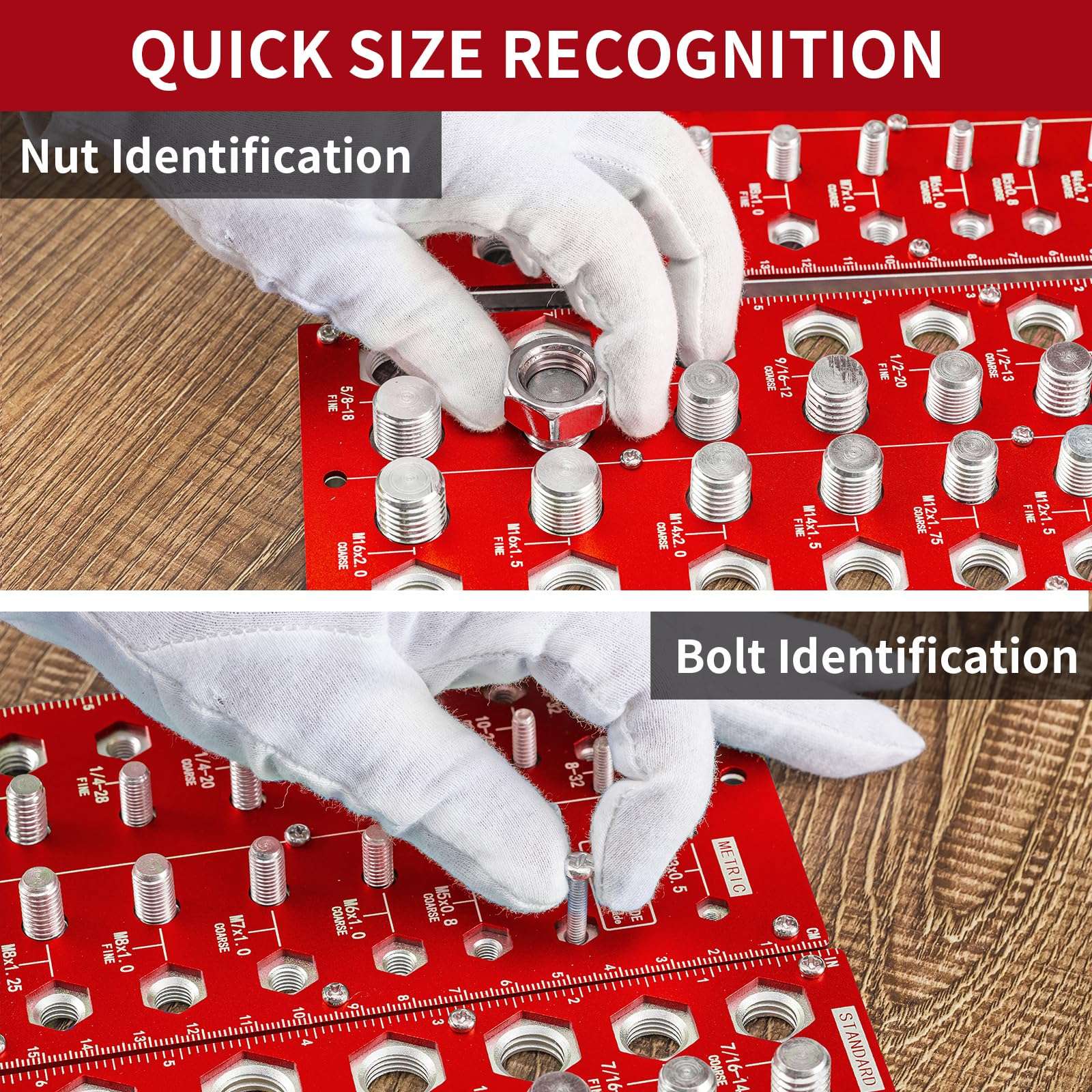 Thread Checker, 2-in-1 Nut and Bolt Thread Checker, 38 Bolt Size and Thread Gauge, 17 Metric & 21 Standard Sizes Bolt and Nut Identifier Gauge, Thread Checker with Inch and Centimeter Ruler (Red) 5