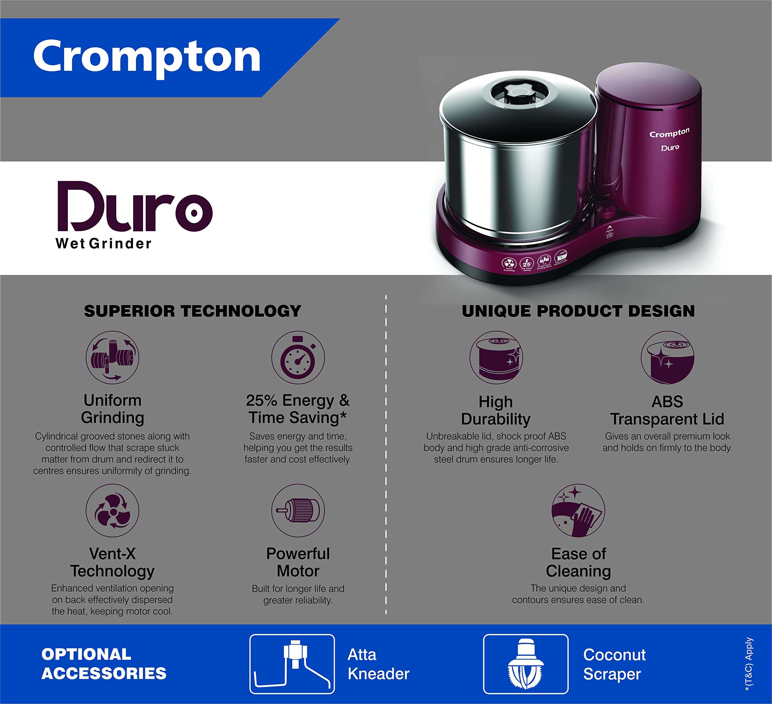 Crompton Duro 2-L Wet Grinder with Motor Vent-X Technology 1 Jar with Coconut Scrapper and Atta Kneader Accessories (Cherry Brown) 5