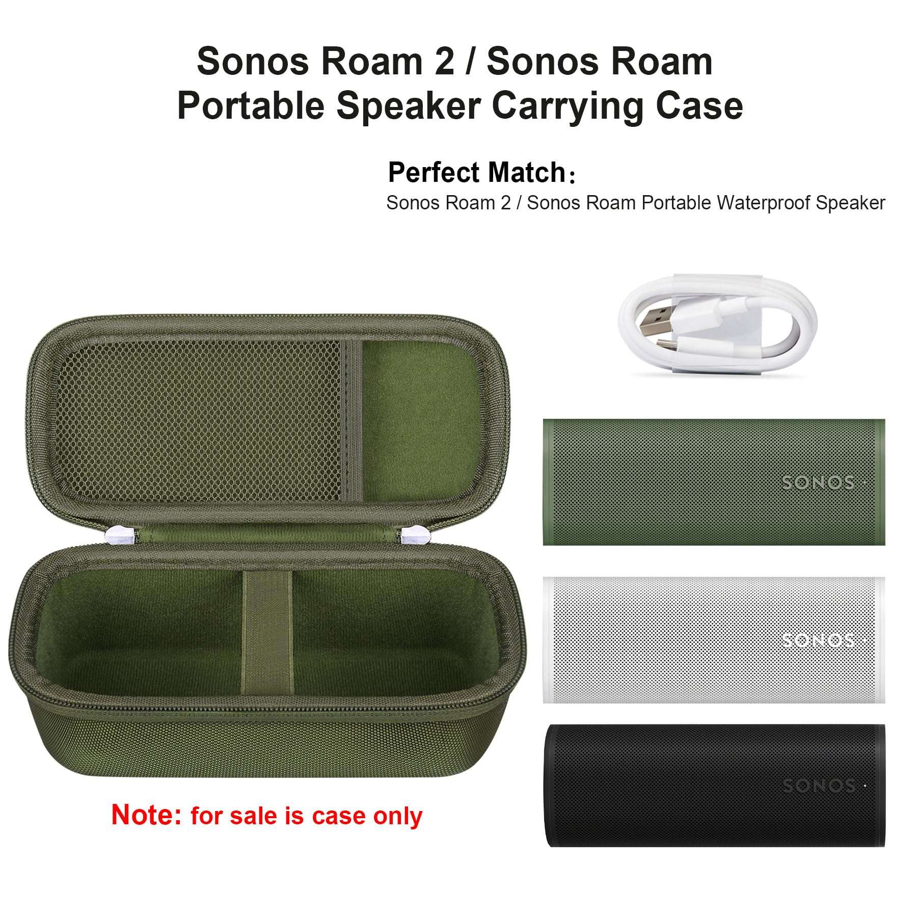 Elonbo Carrying Case ​for Sonos Roam 2 / Sonos Roam Portable Waterproof Bluetooth Speaker, Compact Wireless Speaker Hard Travel Protective Bag Storage Holder, Extra Mesh Pocket Fits Cable, Green 3