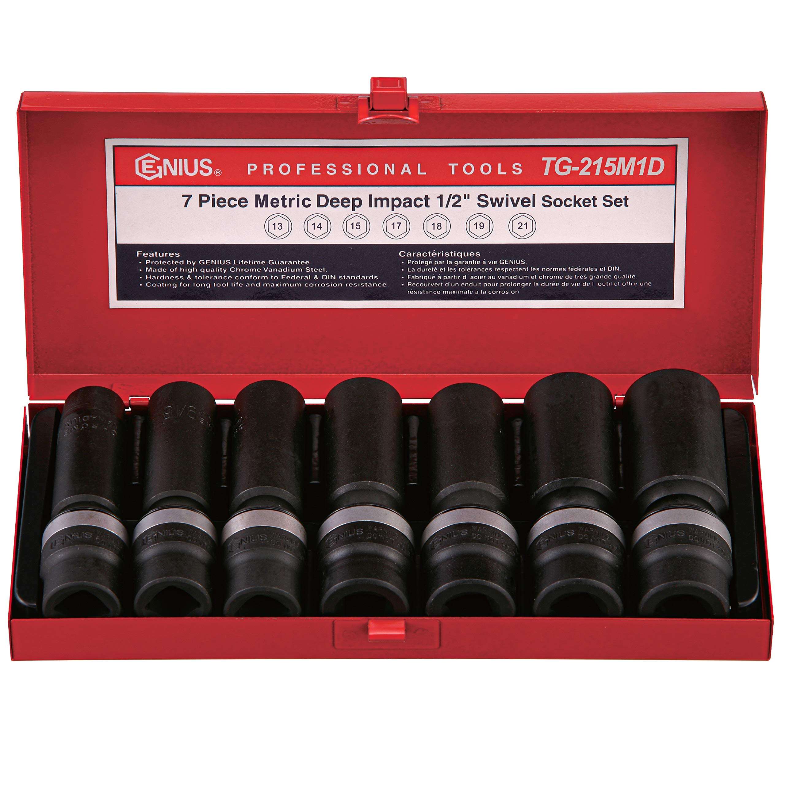 GENIUS TOOLS 7PC 1/2" Dr. Metric Deep Swivel Impact Socket Set - TG-215M1D 1