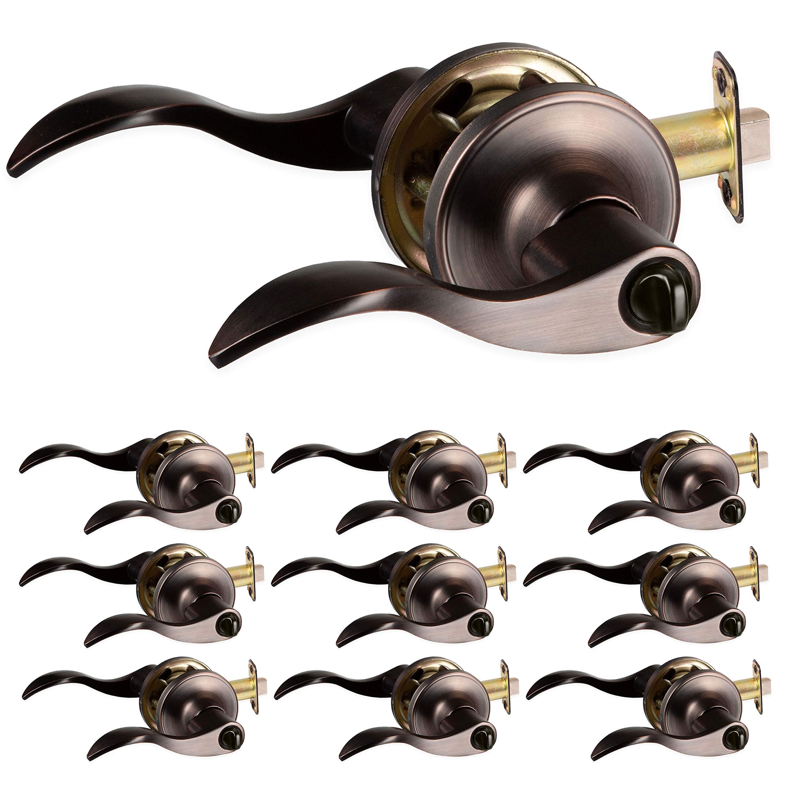 Ilyapa Privacy Door Levers, Wave Style, Keyless Locking Door Handles for Bed and Bath Leverset Lockset, Left or Right Handing Wave Style Handles, Oil Rubbed Bronze, 10 Pack 1
