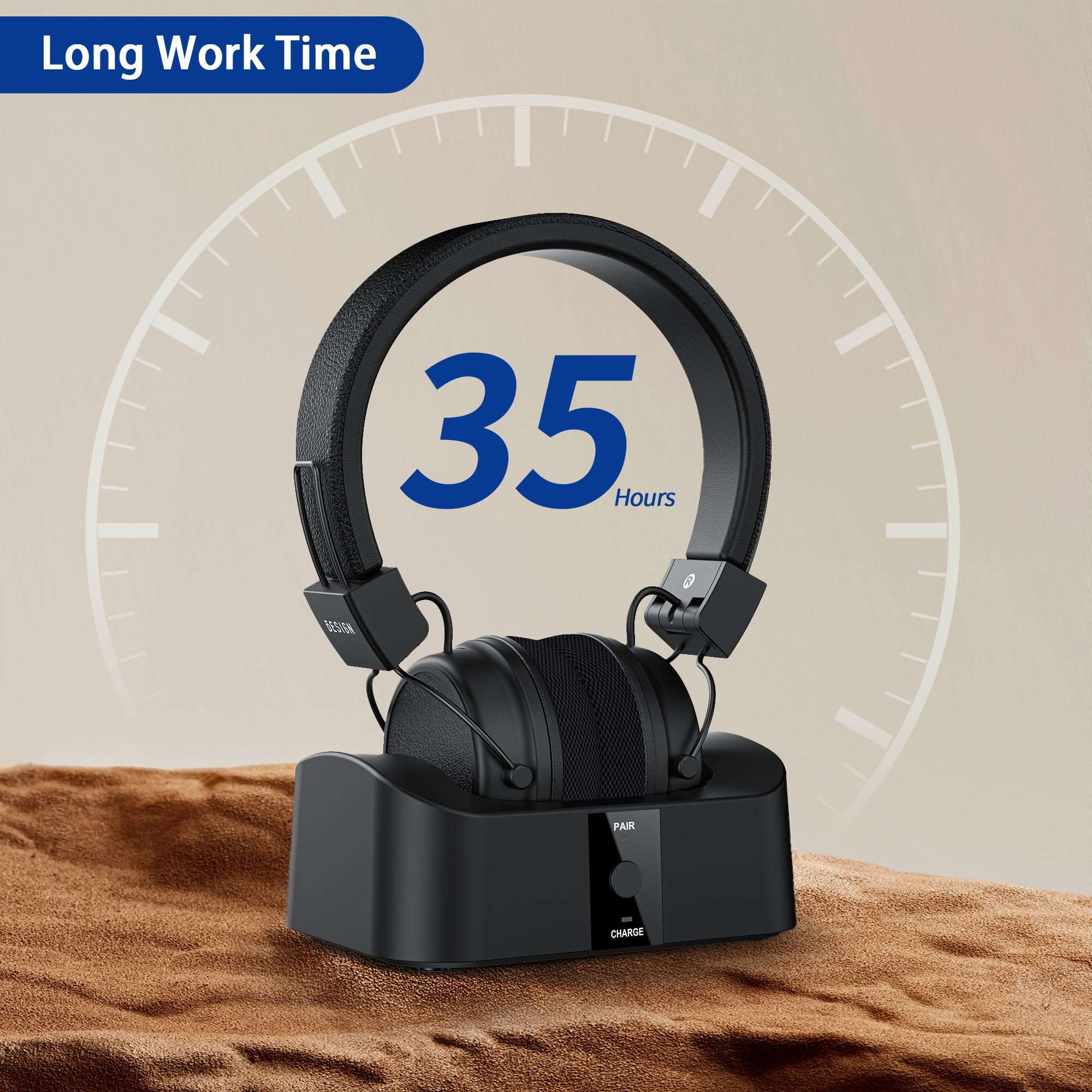 BESIGN BTH01 Wireless Headphones for TV Watching with Bluetooth Transmitter Charging Dock, Bluetooth TV Headsets, 100ft Range No Audio Delay, Digital Optical RCA AUX, Full Black 5