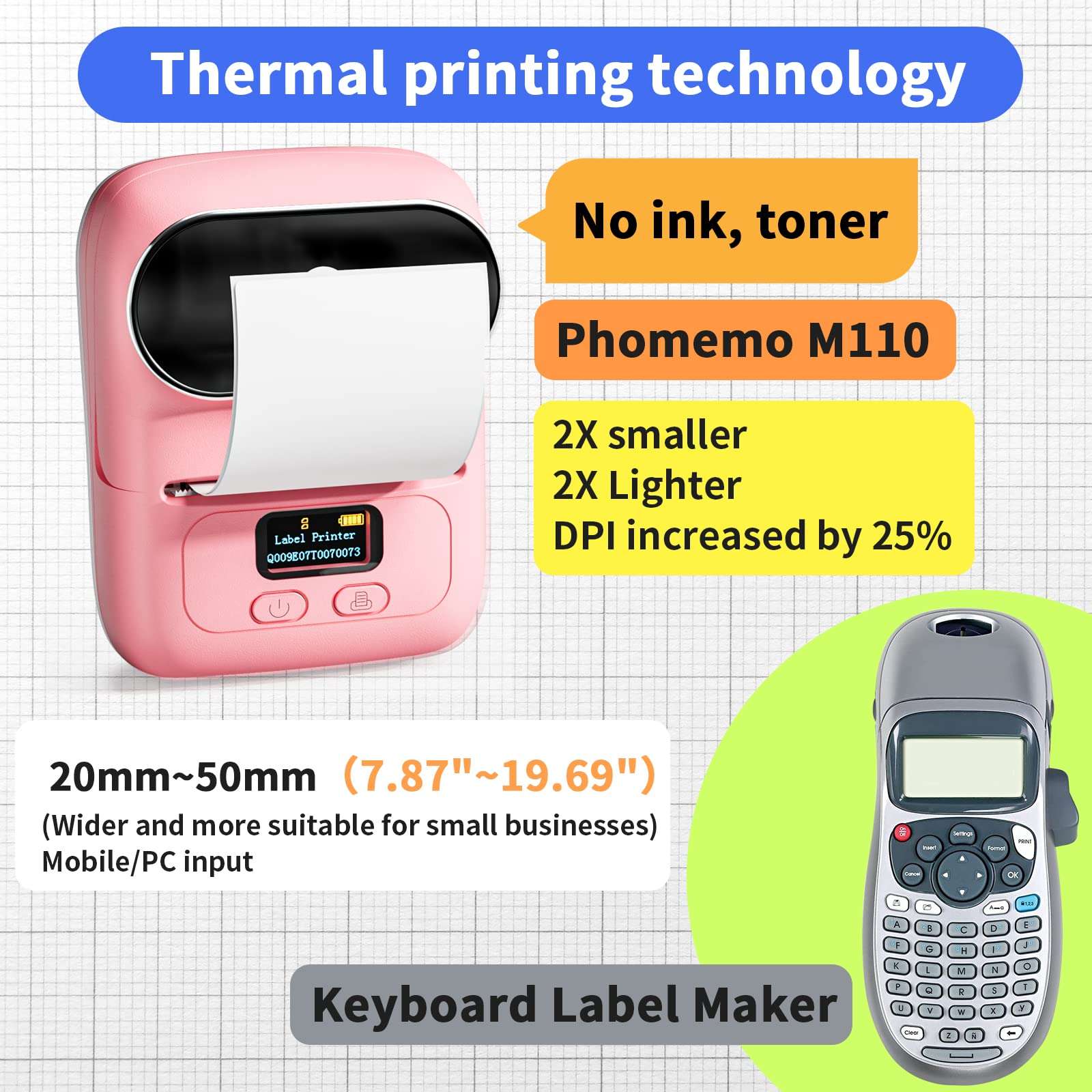 Label Maker, Phomemo M110 Label Maker for Small Business, Bluetooth Thermal Label Maker Compatible with iOS & Android, Barcode Label Printer with Tape, Address Labels, Reatil, Images, Pink 2