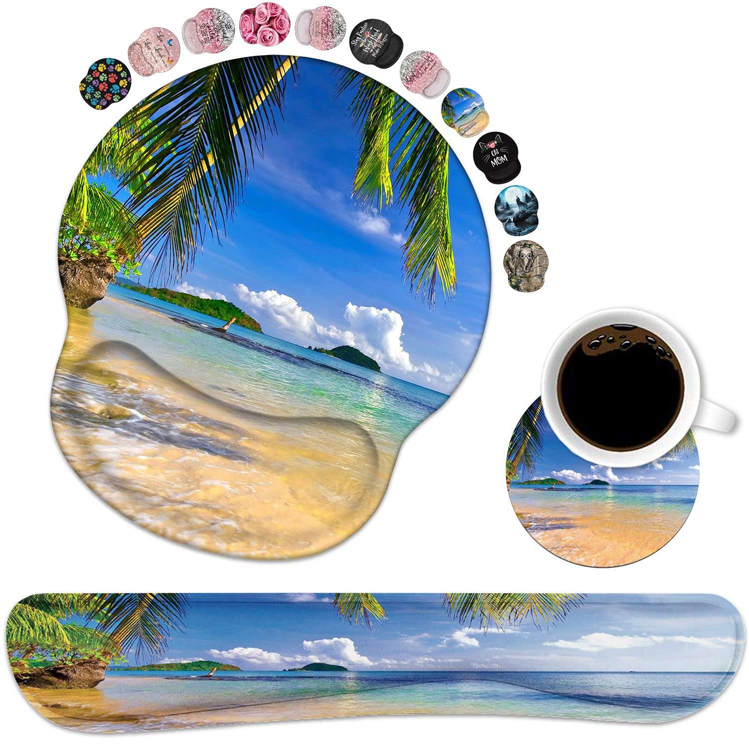 Keyboard Wrist Rest and Mouse Pad Wrist Support Set with Coasters, Non-Slip PU Base Ergonomic Gaming Mousepad for Home Office Working Studying Easy Typing & Pain Relief, Shore Palms Tropical Beach 1
