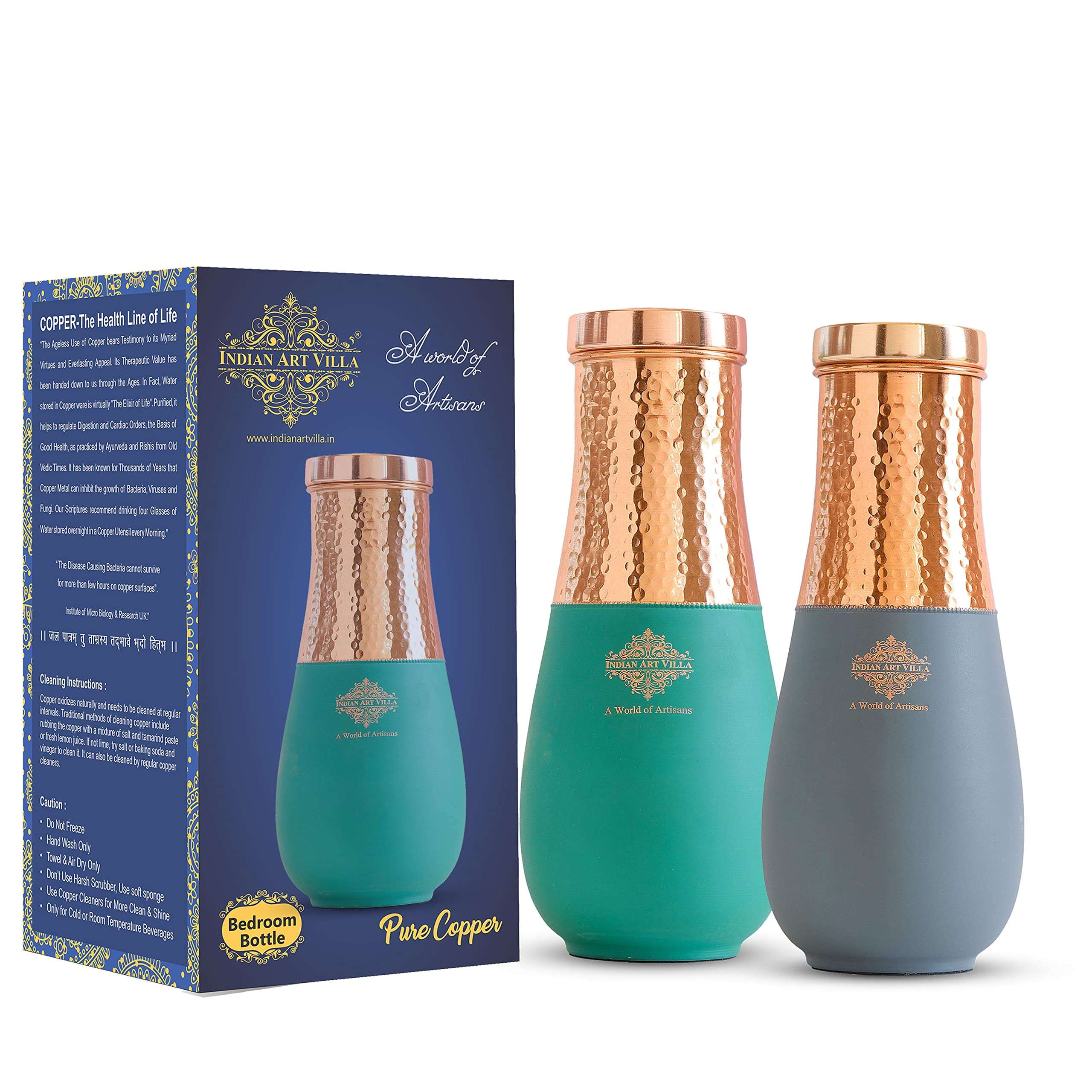 INDIAN ART VILLA Pure Copper Half Hammered and Gray & Green Silk Finish Vase Shape Bedroom Bottle, Volume 1425 ML - Pack of 2 1