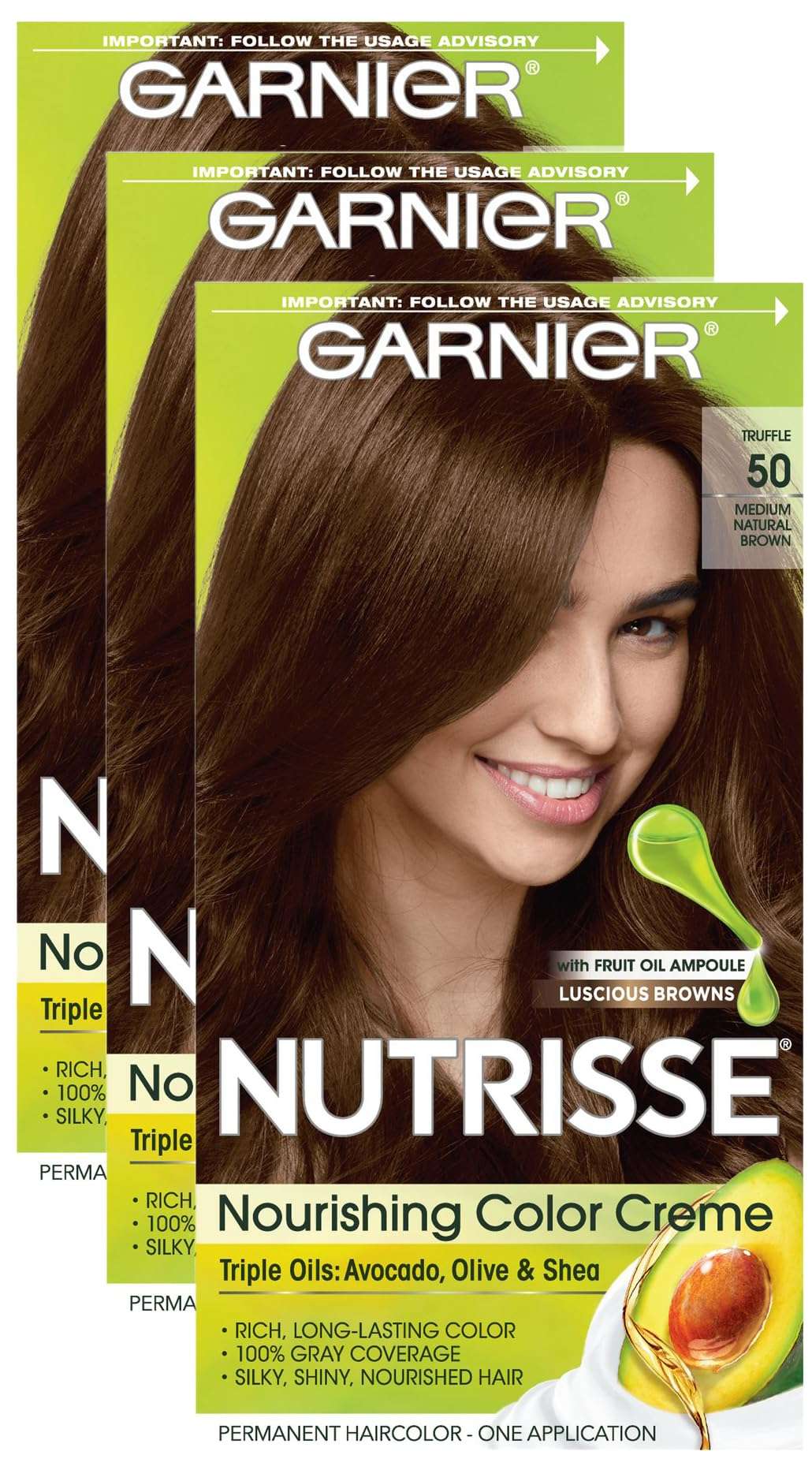 Garnier Nutrisse Nourishing Hair Color Creme, 50 Medium Natural Brown (Truffle) (Packaging May Vary) (Pack of 3) 1