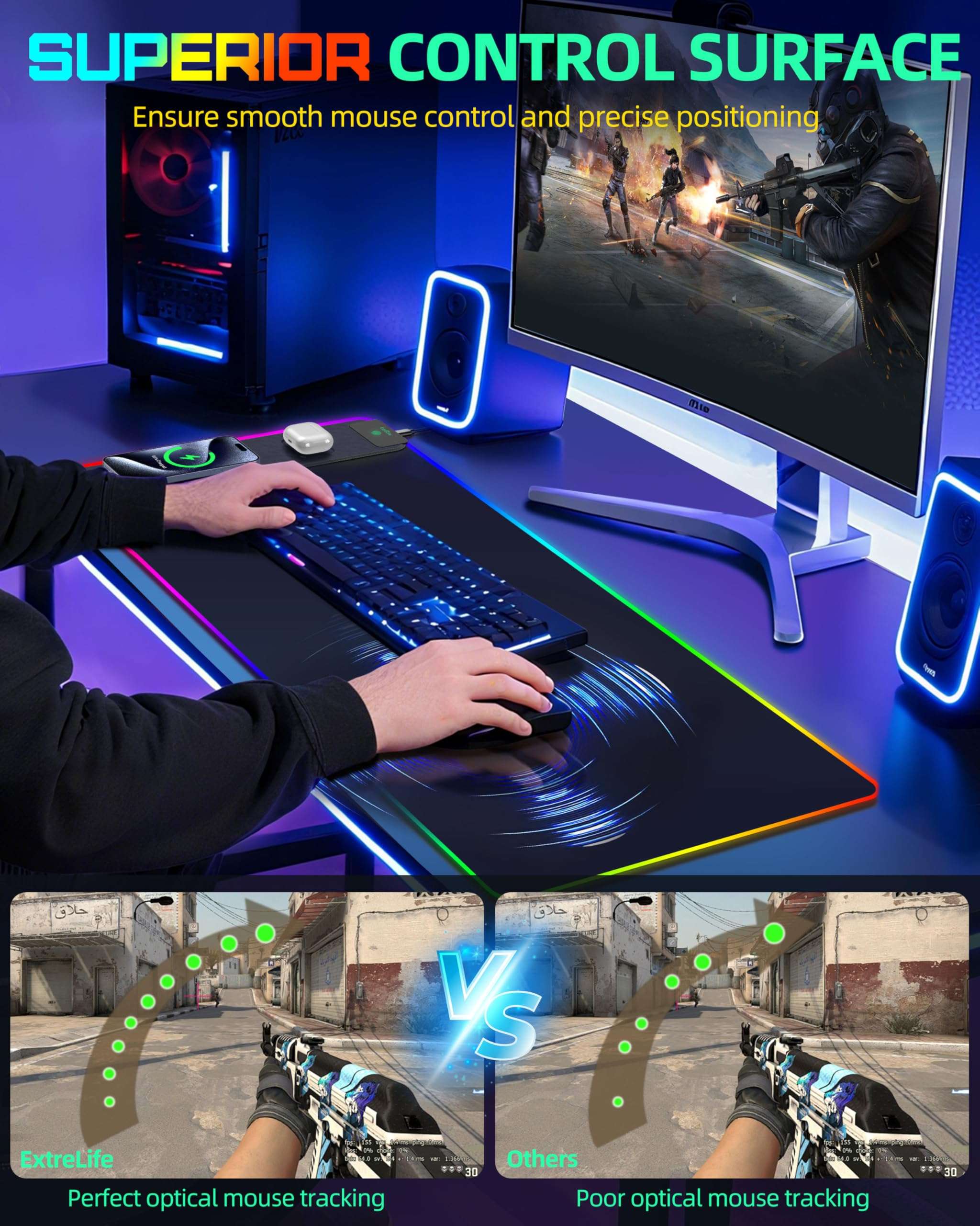 Mouse Pad with Wireless Charging, RGB Gaming Desk Mat, 31.5"x15.7" Large XXL Desk Pad, 15 Lighting Modes, Non-Slip Mouse Mat, Waterproof Computer Keyboard Pad, Black with 20W PD Power Adapter 5