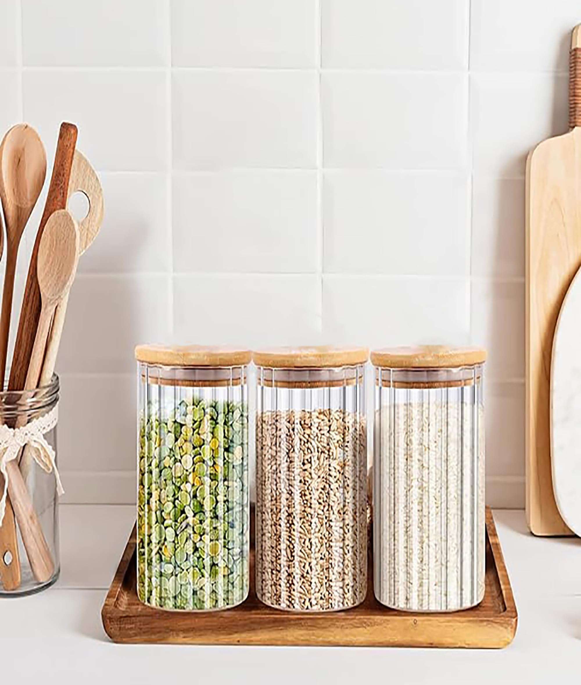 WRINGO Borosilicate Glass Food Storage Containers With Airtight Bamboo Lid, Thickened Coffee Storage Jars For Home Kitchen, Pantry Tea, Spices, Snack (R Linig-1400Ml, Set Of 6),Transparent 3