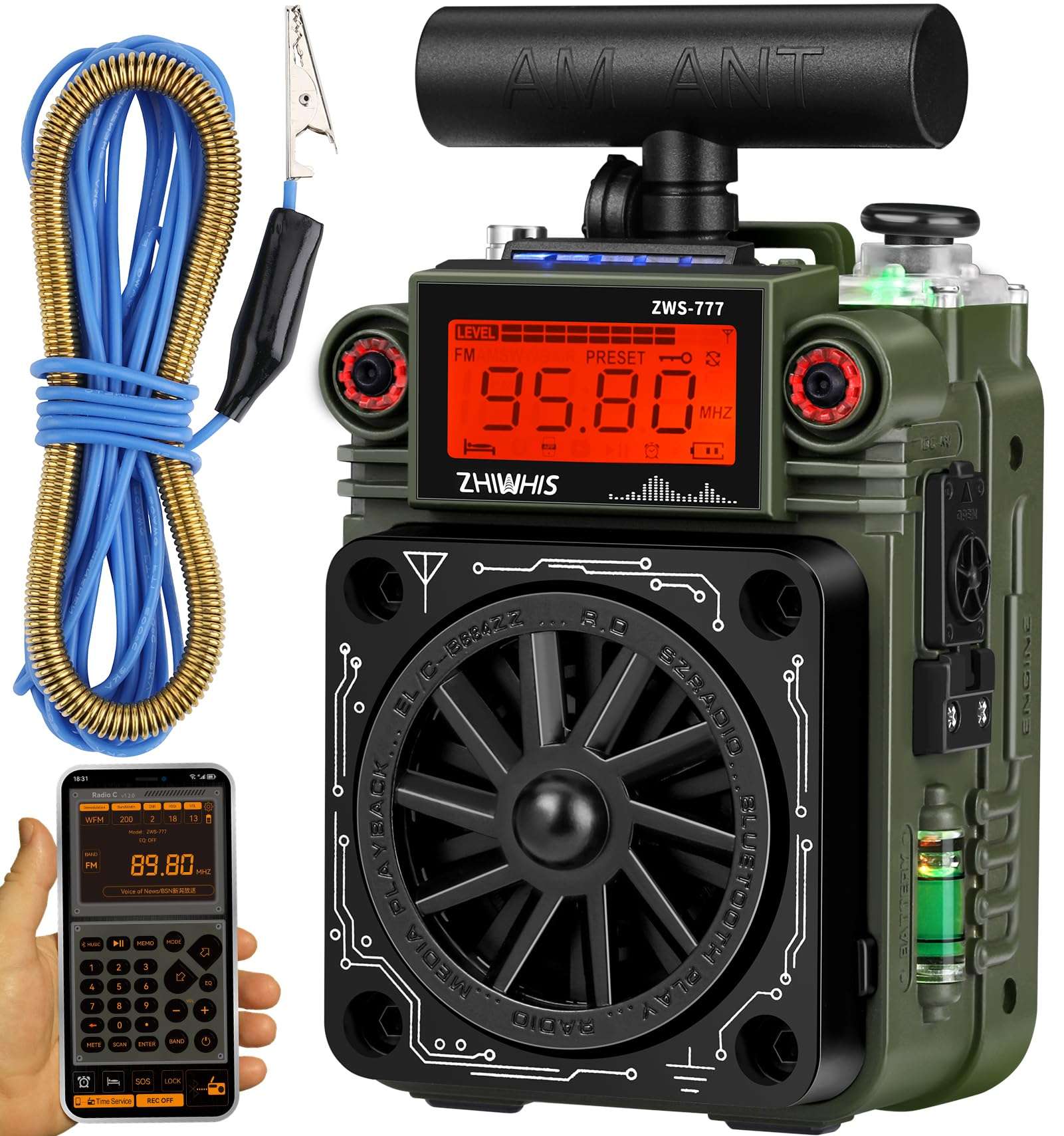 ZHIWHIS AM FM Shortwave Radio with Bluetooth and NOAA Alert, Small Rechargeable Radios with APP Control, Bass, SOS Alarm, Preset, T-Type Antenna, Emergency w/ 9.9 Ft Wire Antenna for Camping ZWS-777