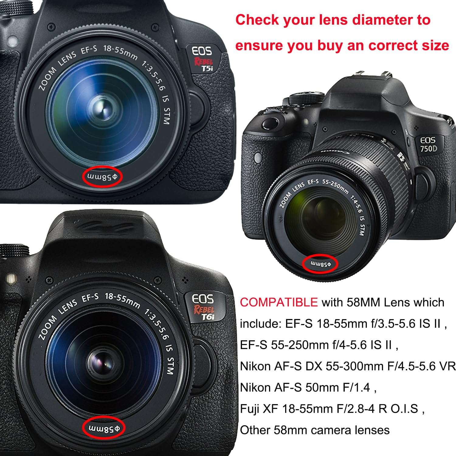 58mm Lens Hood Set, Collapsible Rubber Lens Hood with Filter Thread + Reversible Tulip Flower Lens Hood + Center Pinch Lens Cap + Microfiber Lens Cleaning Cloth 3