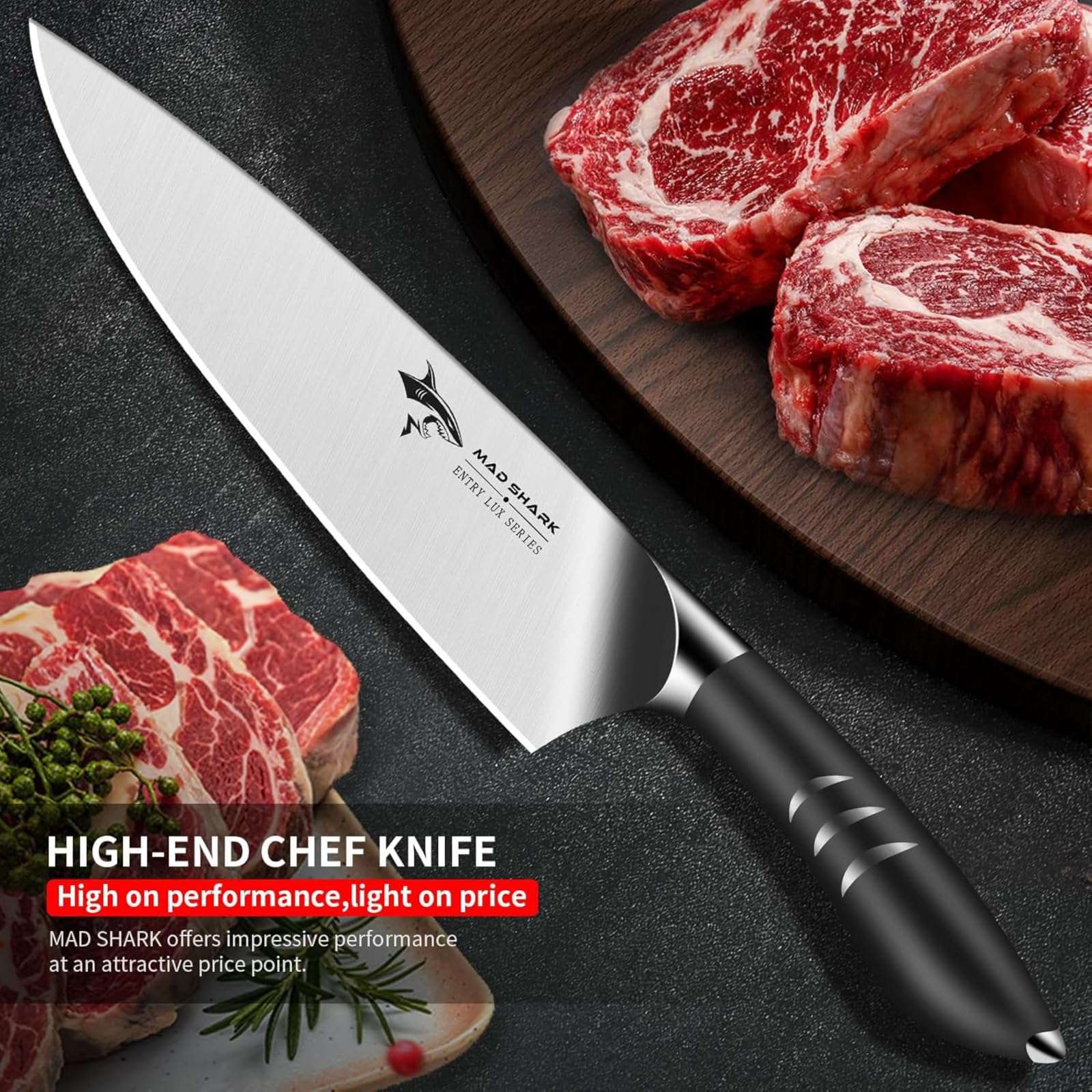 MAD SHARK Chef Knife 8 inch Chopping Knife High Carbon Stainless Steel Shark Chef's Knives with Ergonomic Handle, Cooking Knife with Gift Box, Birthday Gifts for Mom/Dad, Black 4