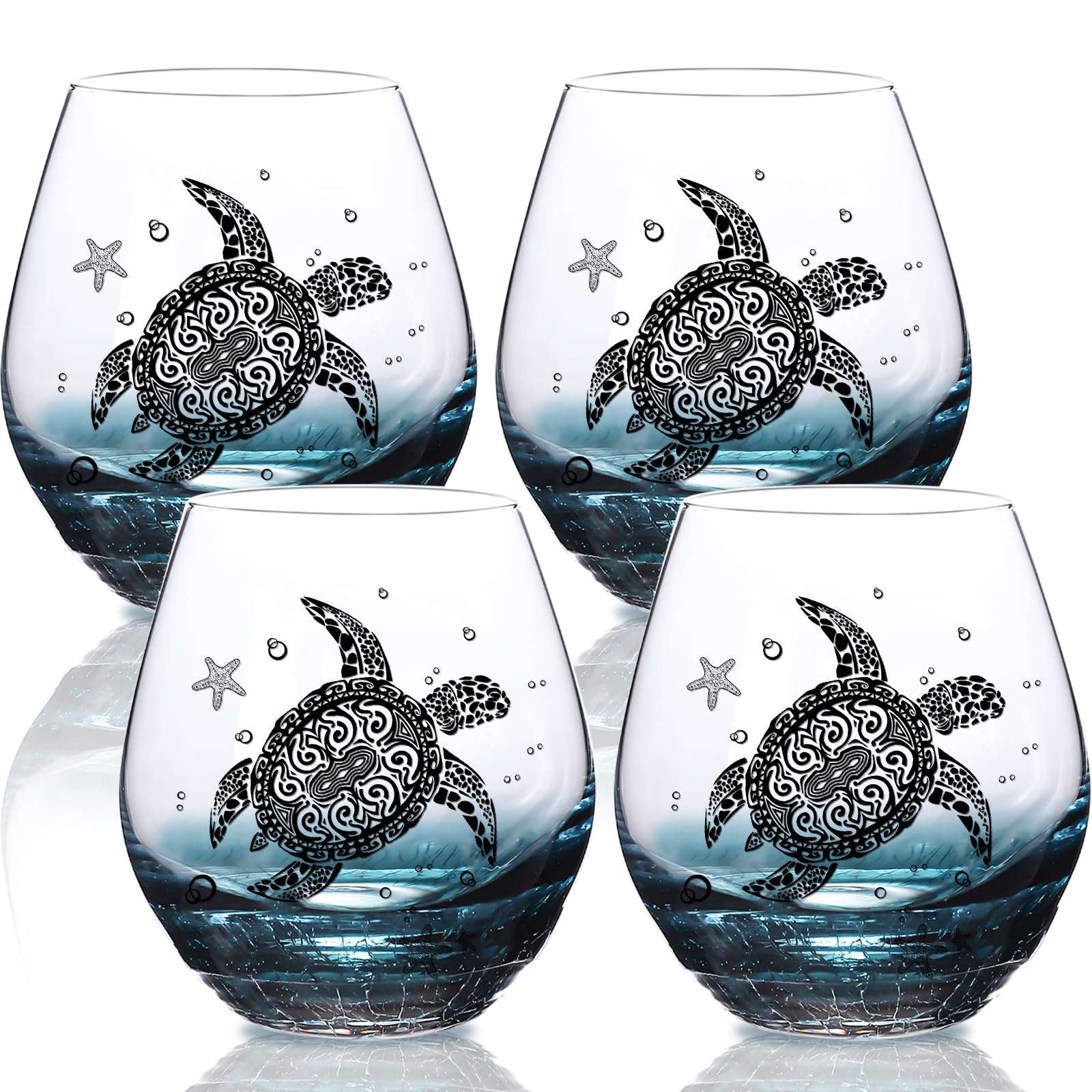 Sea Turtle Wine Glasses Set 4-13.3oz Crackle Teal Design, Hand blown Tortoise Wine Tumbler,Sea Turtle Gifts for Women, Birthday/Housewarming/Christmas Gifts for Seaturtle Lovers(4Count, Black) 1