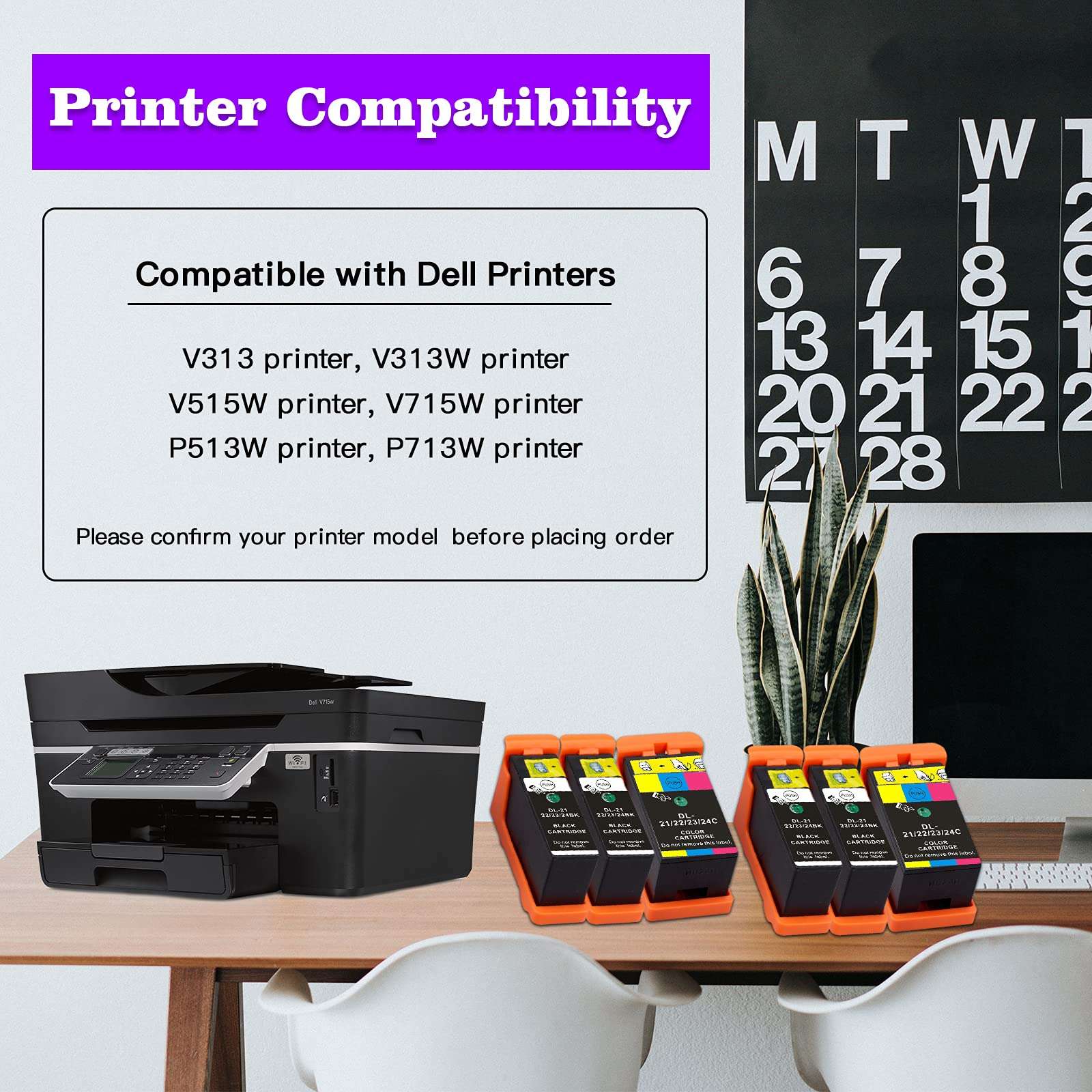 Replace for Dell Series 21 Ink Cartridges Compatible for Dell V515w, V715w, P513w, P713w, V313, V313w, P713w, All-In-One printers 6 Pack, (4 Black and 2 Color) for Dell Series 21, Series 22, Series 23 2