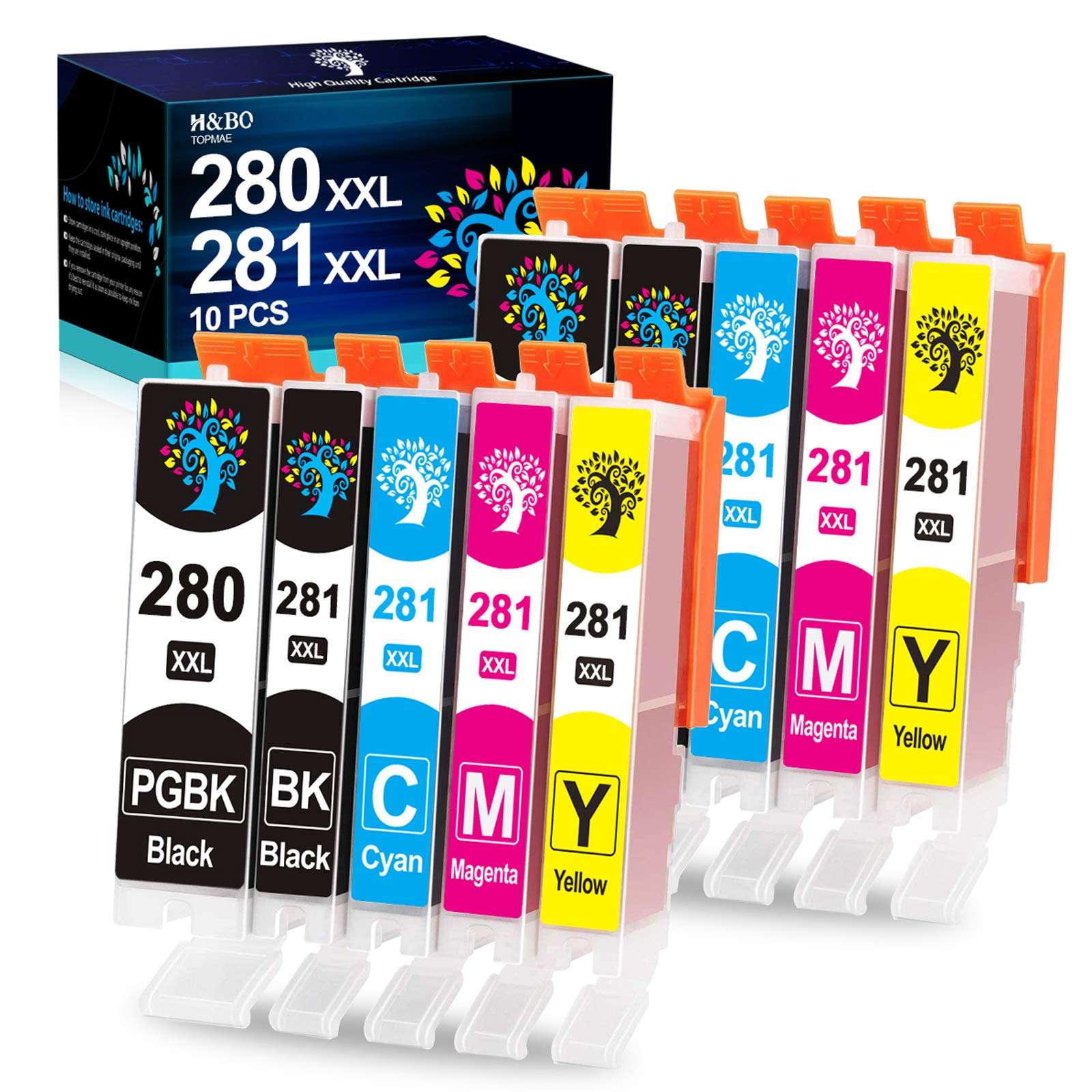 H&BO TOPMAE Compatible Ink Cartridge Replacement for Canon 280 281 PGI-280XXL CLI-281XXL Ink for PIXMA TR8520 TR7520 TS6120 TS6220 TS702 TS6100 TS6200 TS9520 TS6320 TS9521C Printer (10 Pack) 1