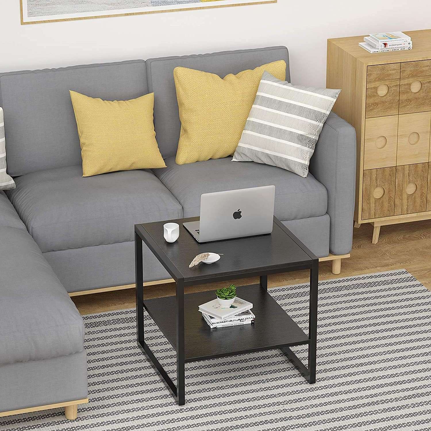 Indian Decor 44566 End Table, 20 Inch Square Side Table Modern Night Stand with 2-Tier Storage Shelf, Living Room Small Coffee Table, Wood Finish Bedside Table for Bedroom, Black top 5