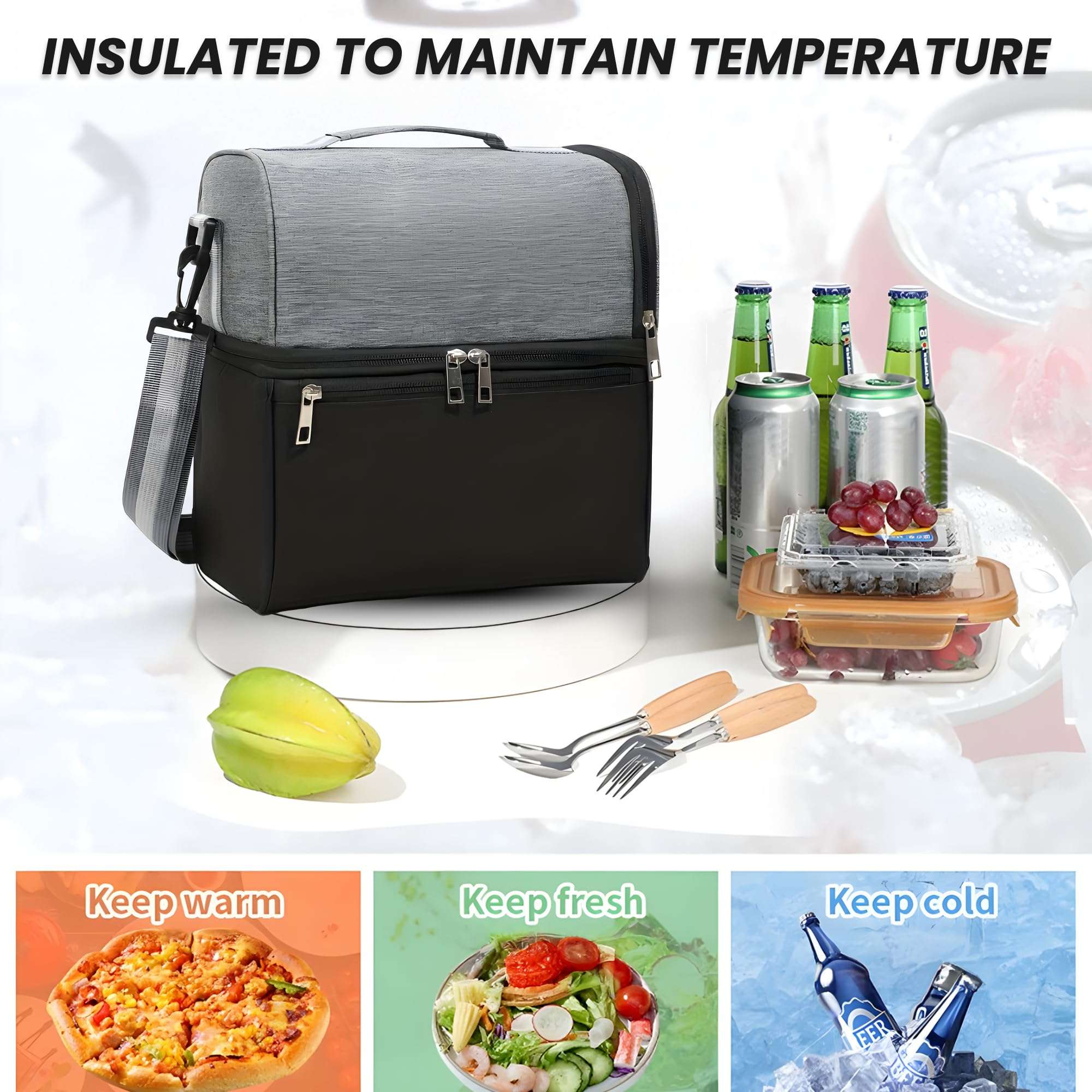 OCEANEVO 2 Compartment Insulated Lunch Bag with Luggage Tag, Tiffin Bag for Office with Handle and Shoulder Strap for Men and Women - 28 x 25 x 18 Cm - Grey 5