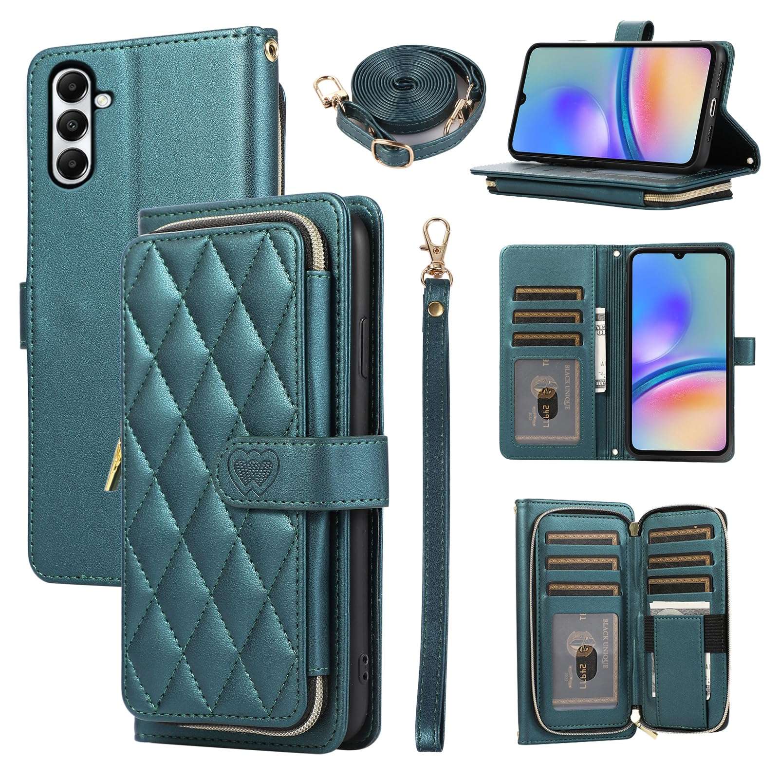 Furiet Argyle Wallet Case for Samsung Galaxy A05s/A05 with Wrist Strap Shoulder Strap, 9+ Card Slots Zipper Purse, Luxury PU Leather Stand Checkered Phone Cover for Ao5s Ao5 A 05s 05 Women Green 1