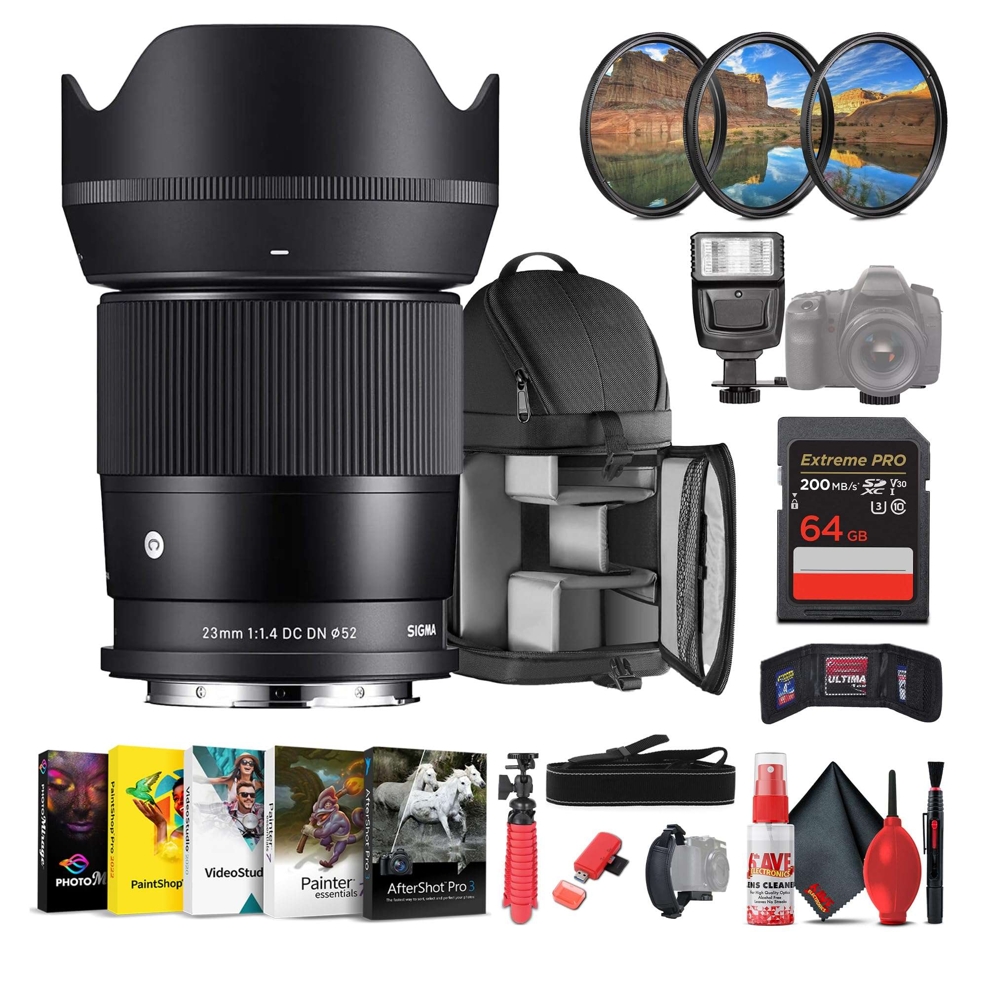 Sigma 23mm f/1.4 DC DN Contemporary Lens (Canon RF) 348972 Bundle Includes: Backpack, Flash, Memory Card, Card Wallet, Filter Kit, 12 Inch Tripod, Card Reader, Cleaning Kit, Blower Brush, + More 1