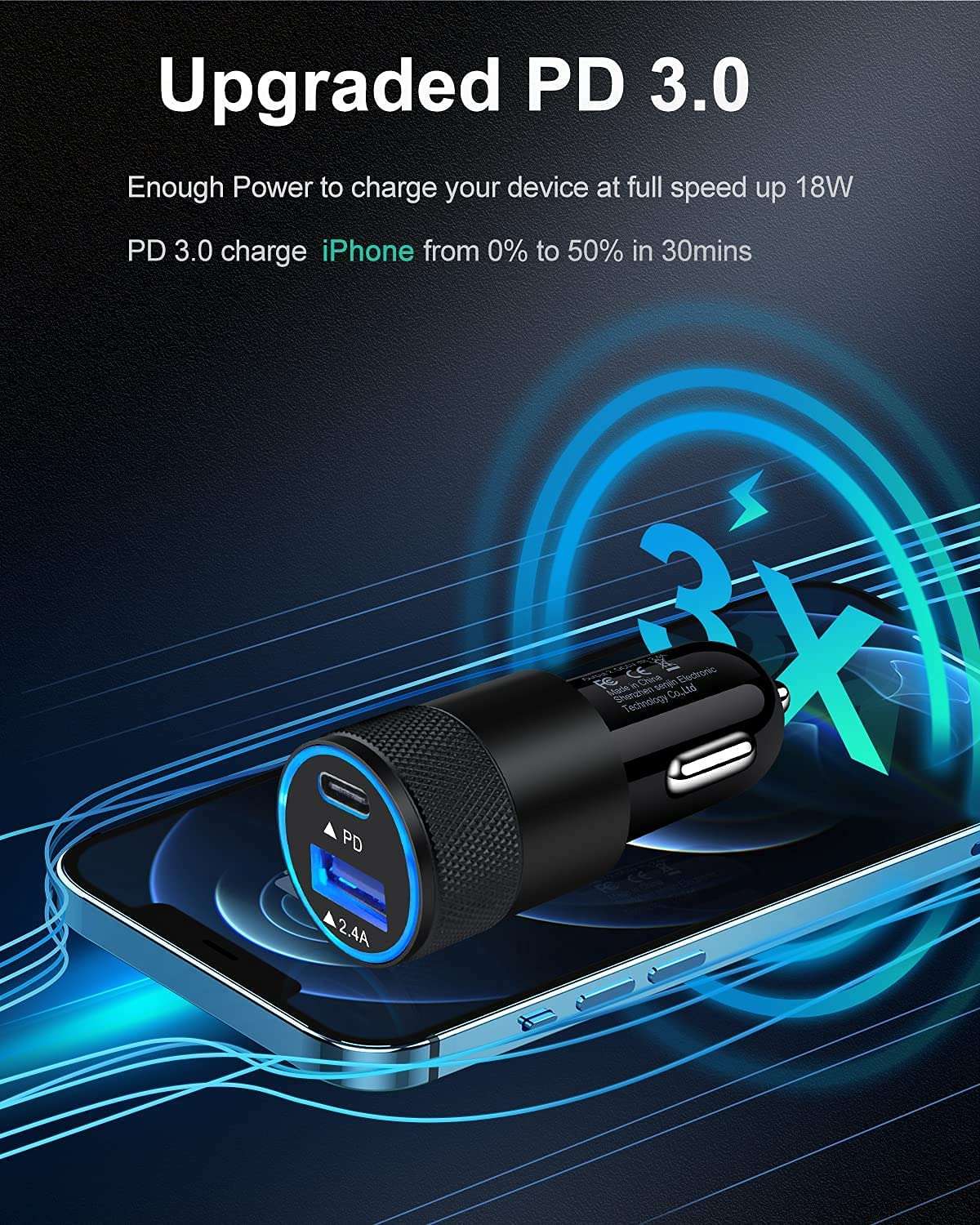 USB C Car Charger, USB Type C Fast Power Charging Block Dual Port USB A & USBC Plug Cargador Carro Lighter Adapter for Compatible 4