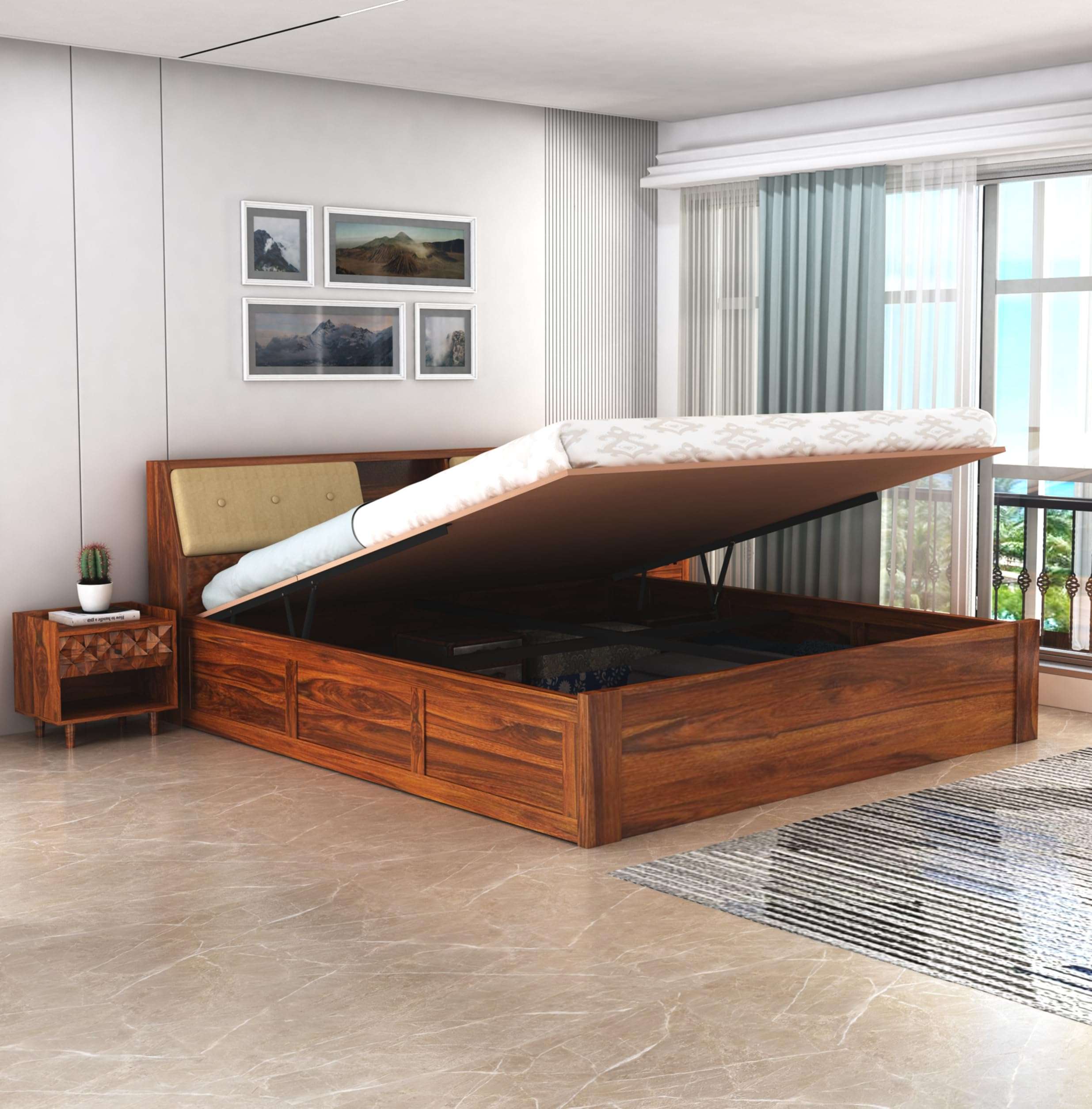 T.G. FURNITURE Solid Sheesham Wood Queen Size Bed with Hydraulic Storage for Home Living Room Bedroom Wooden Queen Size Cot Bed Palang (Natural Finish) | 1 Year Warranty 1