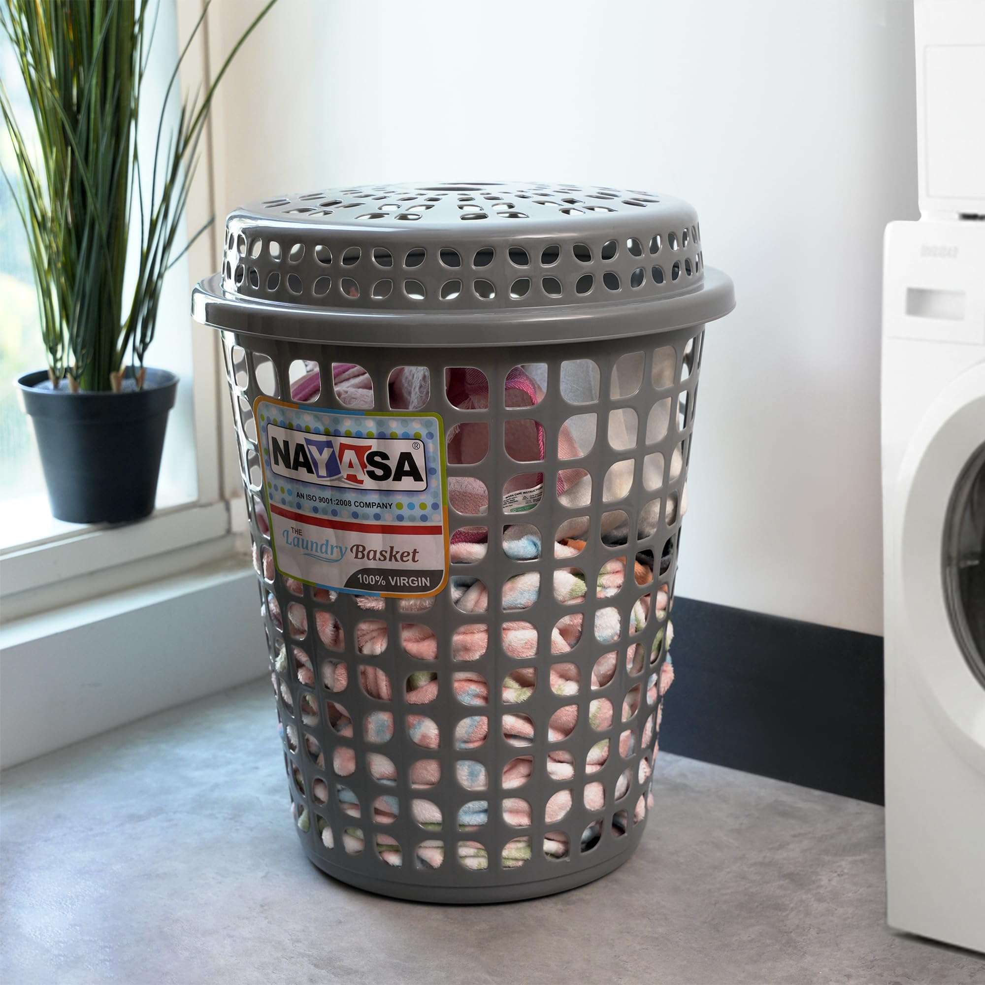 Nayasa Round Petal Laundry Basket with Lid | 44 Ltrs | Plastic Basket for Clothes, Toys & Household Utility | Stylish & Durable Organizer for Bedroom, Bathroom & Living Room | Grey