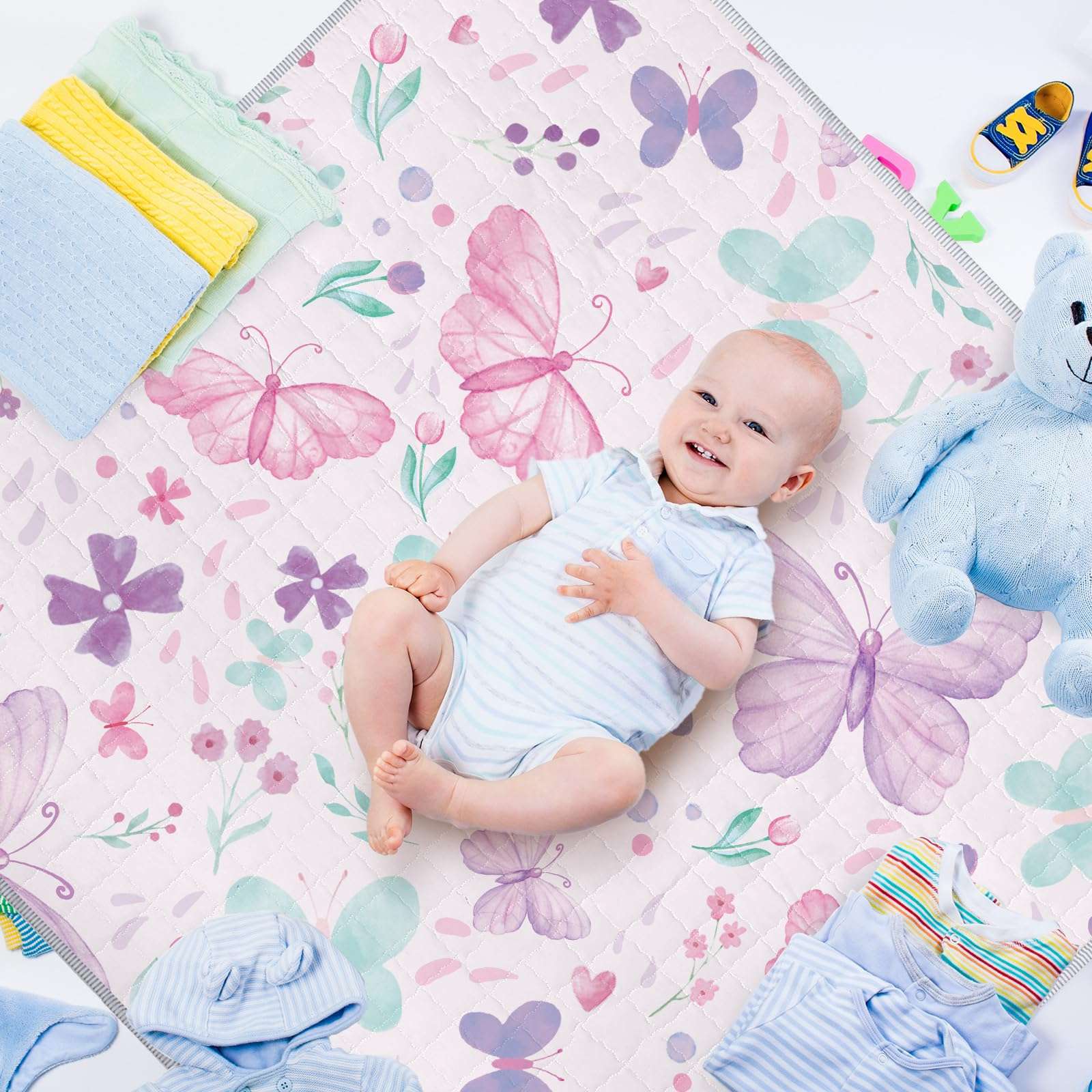 Funtery 43 x 43 Inch Boho Baby Play Mat Portable Crawling Washable Foldable Tummy Time Non Slip Baby Floor Large Playpen Mat for Infants Toddlers Floor Playpen Activity(Butterfly) 3