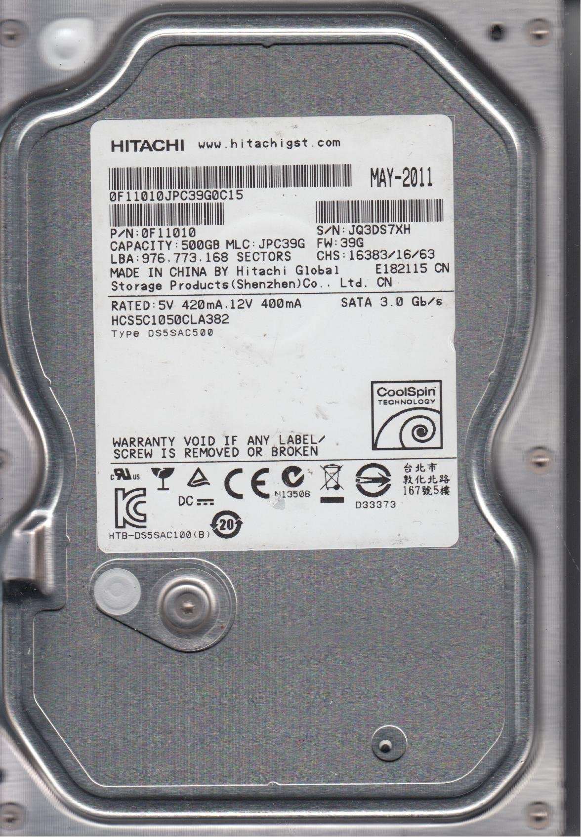 HCS5C1050CLA382, PN 0F11010, MLC JPC39G, Hitachi 500GB SATA 3.5 Hard Drive 2