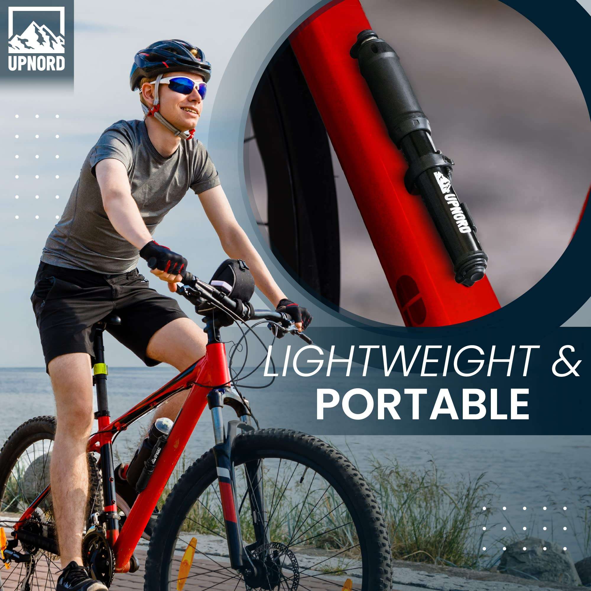 UpNord Portable Mini Bike Pump - Compatible with Presta & Schrader Valves - High Pressure PSI - Road, Mountain Bicycle Tire Air Pump - Compact & Fast Use - Includes Bike Frame Mount & Tire Repair Kit 4