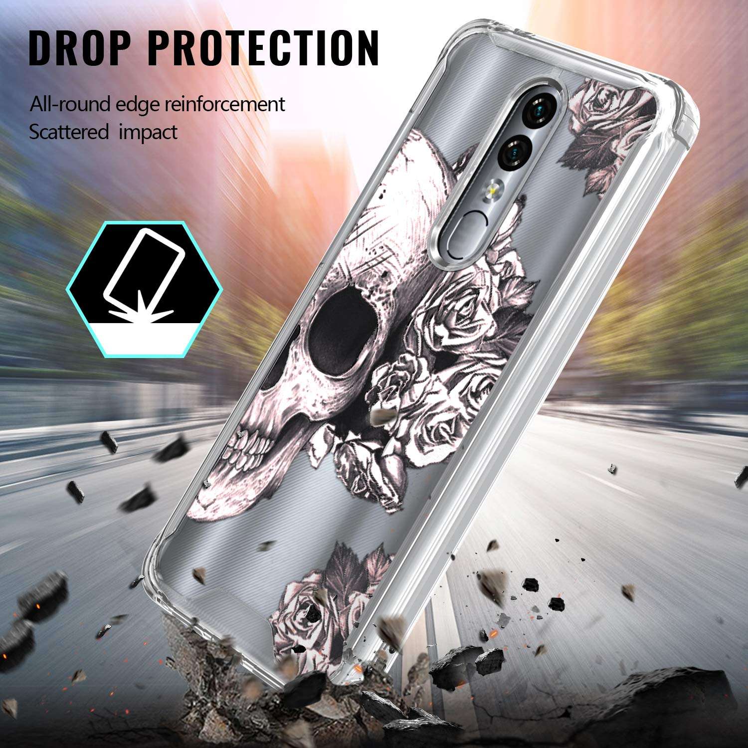 KWEICASE Cell Phone Case for Coolpad Legacy Brisa 6.5 inch, Legacy Brisa Clear Case with Skull Floral Flowers Pattern Slim Fit TPU Bumper Acrylic Cover Shockproof Protective Case for Women Girls Men 3