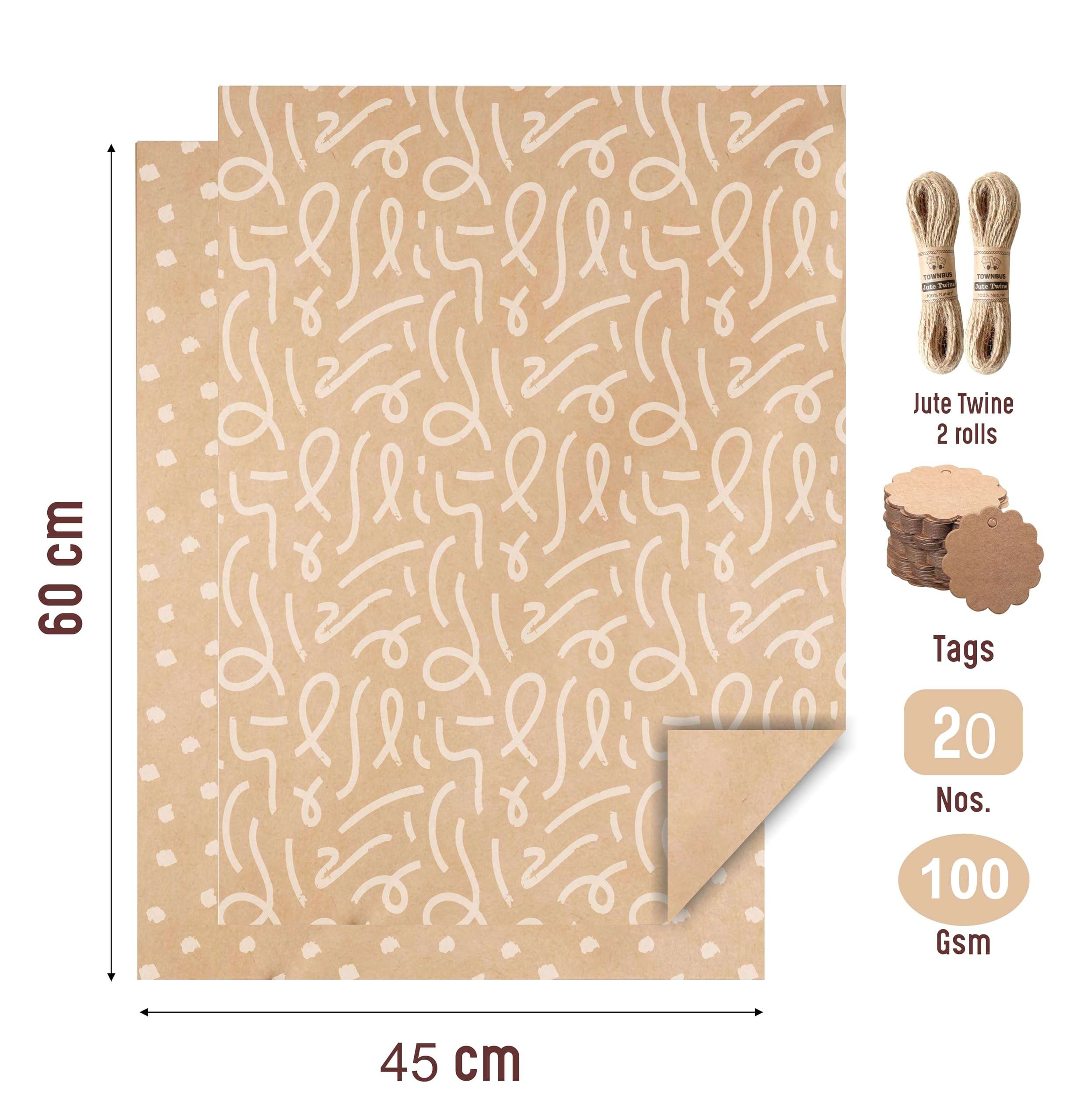 TOWNBUS | Pack of 20 |45cm x 60cm |100 GSM Kraft Paper with Minimal Lines Print & Smudge dots in White | with 20 Tags & Jute Ropes | Perfect for Gift Packing, Bouquet Wrapping and so on 3