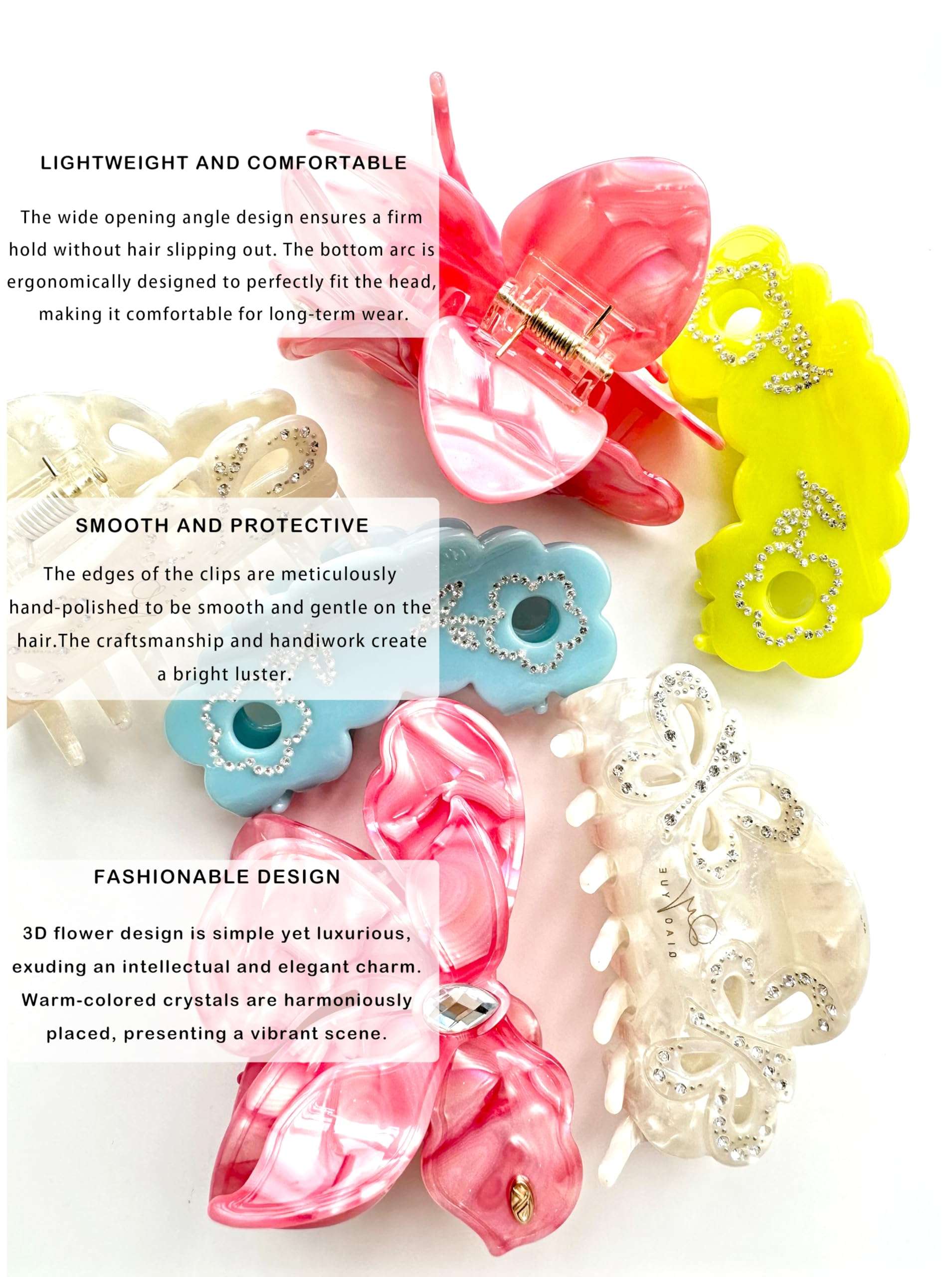 Flower Hair Claw Clip and 100% Mulberry Mini Silk Skinny Scrunchies Set Acetate Hair Clips Ideal For Women and Girls (Pink) 6