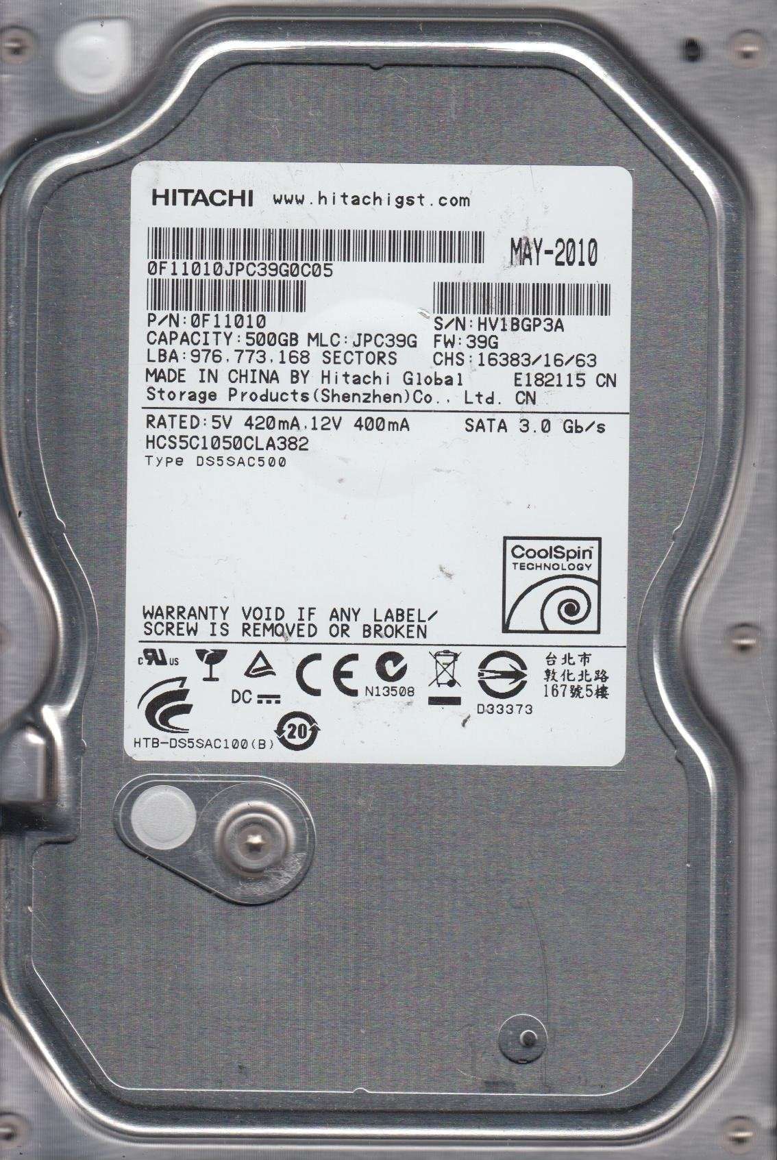 HCS5C1050CLA382, PN 0F11010, MLC JPC39G, Hitachi 500GB SATA 3.5 Hard Drive 4