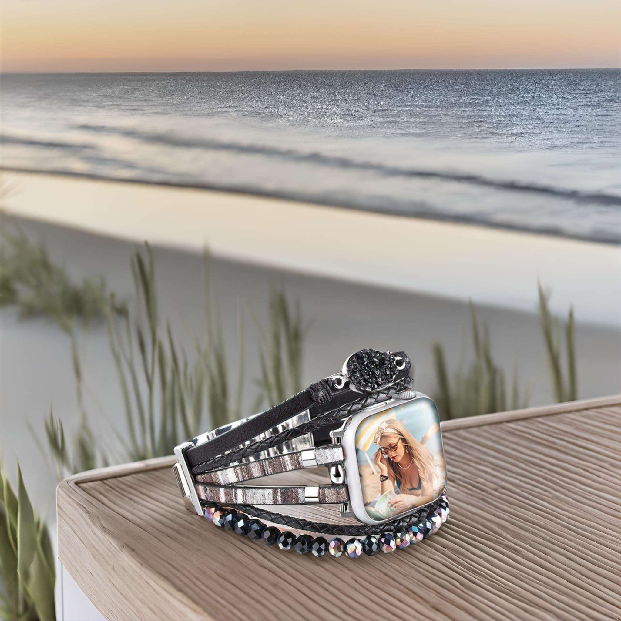 HARAVAL Leather Beaded Bracelet Compatible with Apple Watch Band 42mm 44mm 45mm 46mm 49mm Women Men, Handmade Boho Jewelry Fashion Cute Multilayer Wrap Watch Strap for iWatch Band SE Ultra 2 Series 10 9 8 7 6 5 4 3 2 1 - Black 6