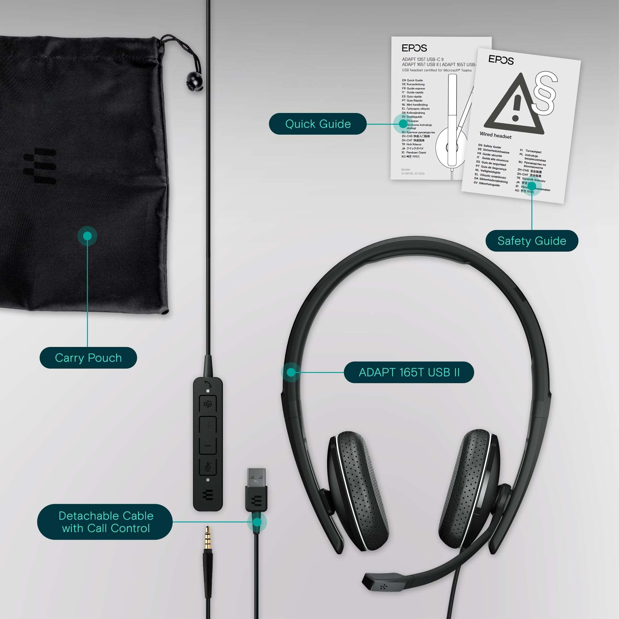 EPOS Adapt 165T USB II - Wired, Double-Sided Headset - 3.5mm Jack/USB Connectivity - Teams Certified-UC Optimized-Superior Stereo Sound-Enhanced Comfort-Call Control- Black 6