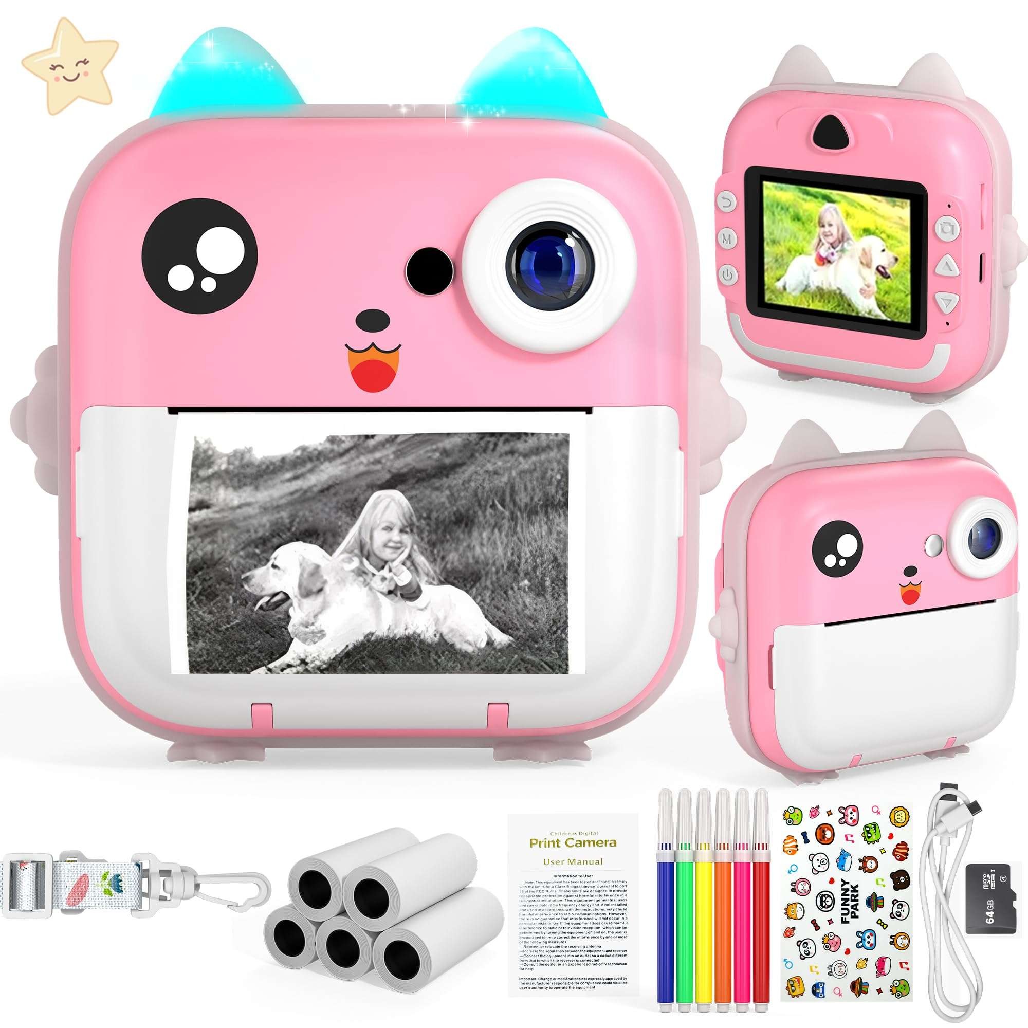 Instant Print Camera for Kids, Christmas Birthday Gifts for Girls Boys, HD Digital Video Cameras for Toddler, Portable Toy for 4 5 6 7 8 9 10 Year Old Girl with 64GB SD Card-Pink